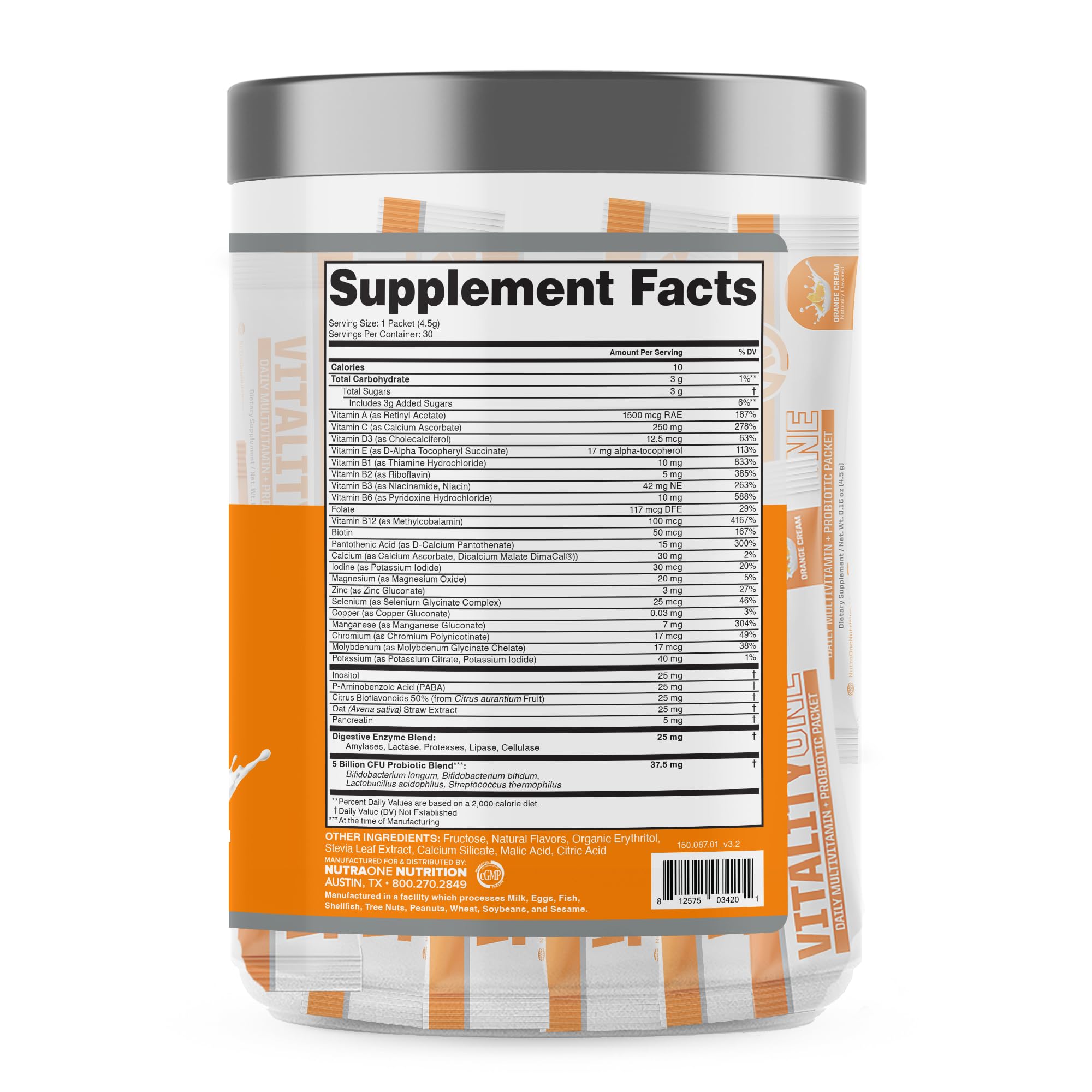 NutraOne VitalityOne On the Go packet next to a glass of water