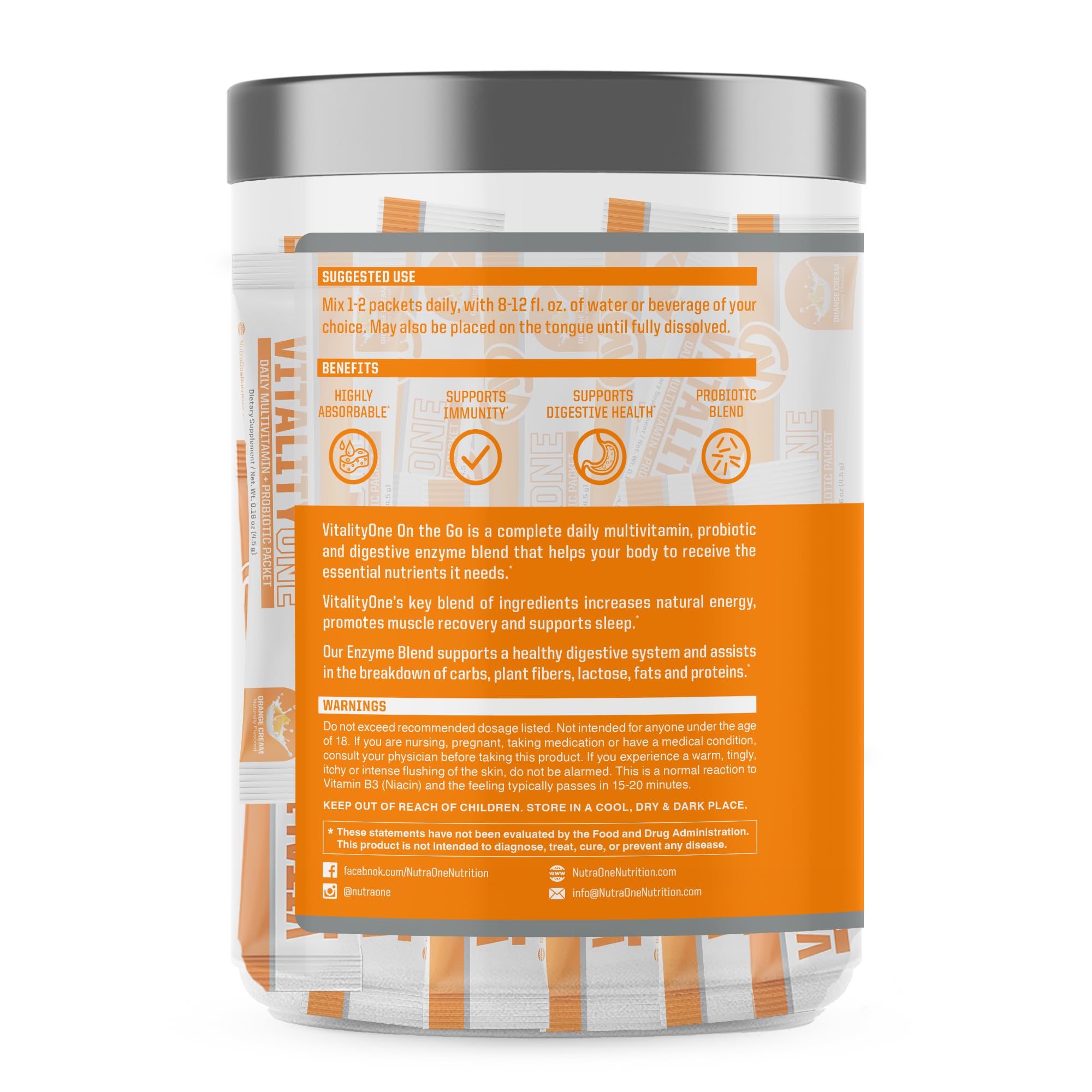 NutraOne VitalityOne On the Go packet open showing contents