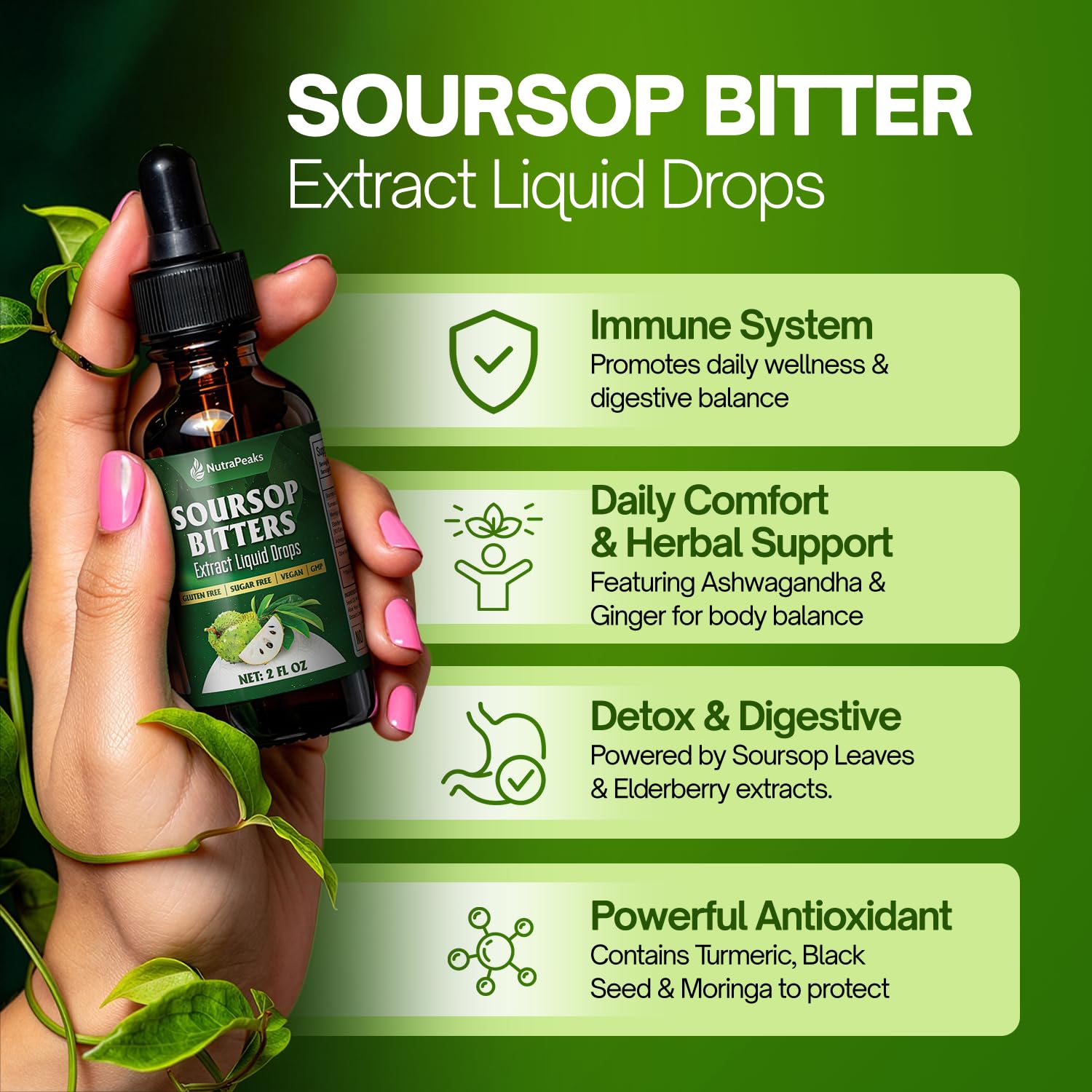 NutraPeaks Herbal Liquid Drops 150g bottle side view