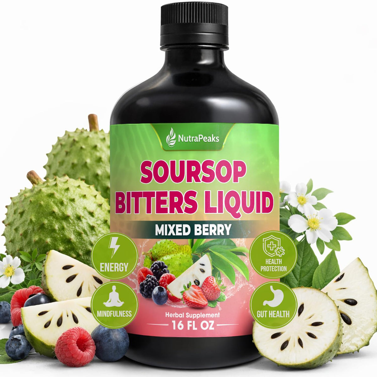 NutraPeaks Soursop Bitters Liquid 16 fl oz front view
