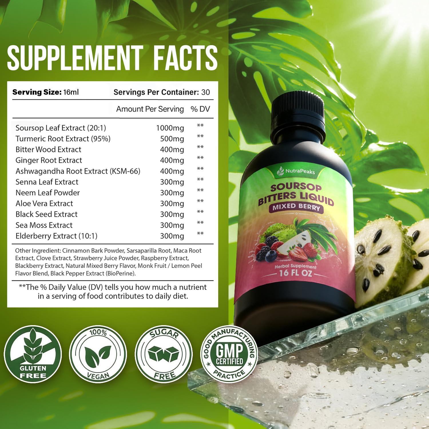 NutraPeaks Soursop Bitters Liquid bottle with label