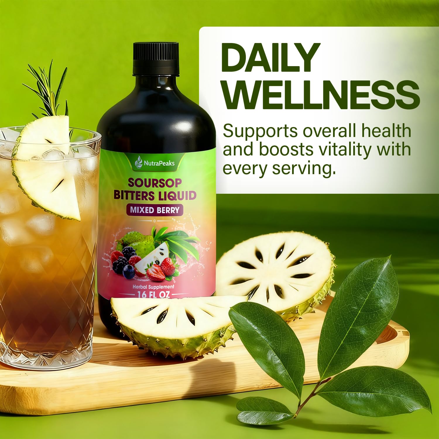 NutraPeaks Soursop Bitters Liquid poured into a glass