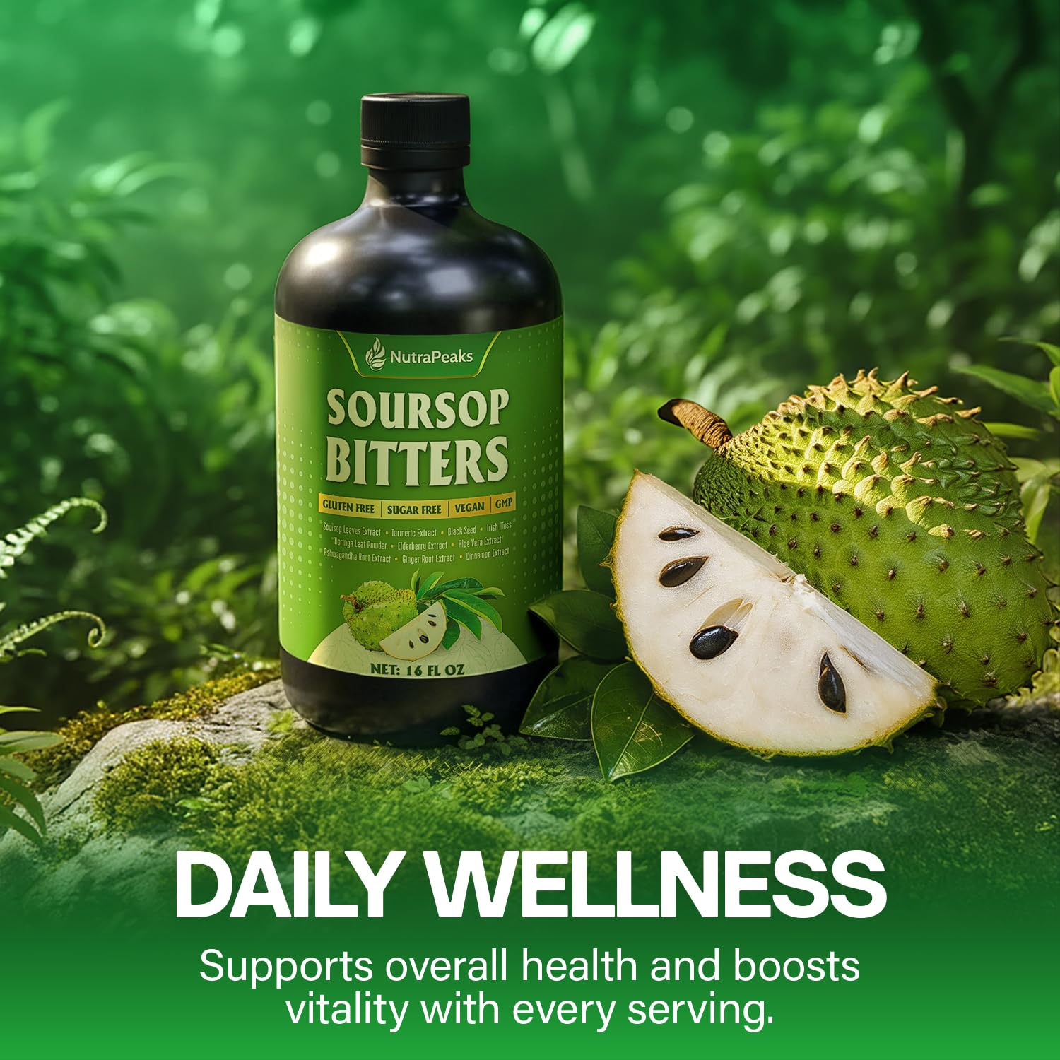 NutraPeaks Soursop Bitters Liquid poured into a spoon