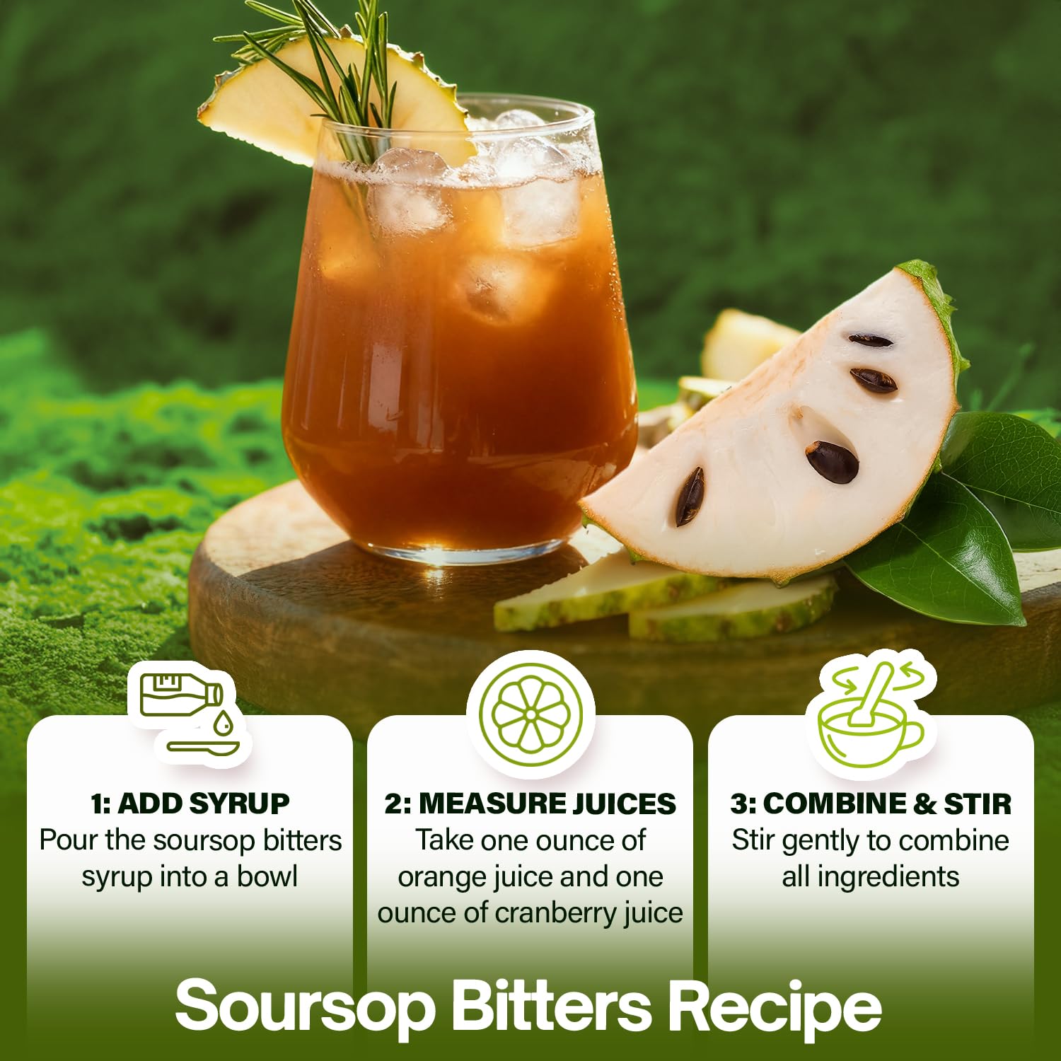 NutraPeaks Soursop Bitters Liquid with measuring spoon