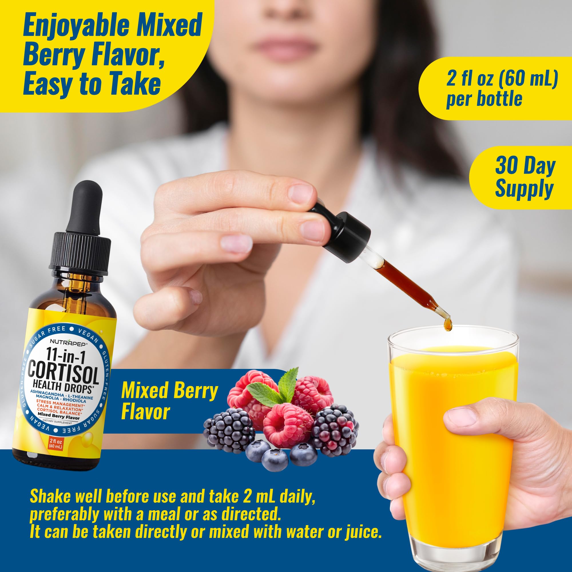 NutraPep Cortisol Health Drops 60mL with a glass of water