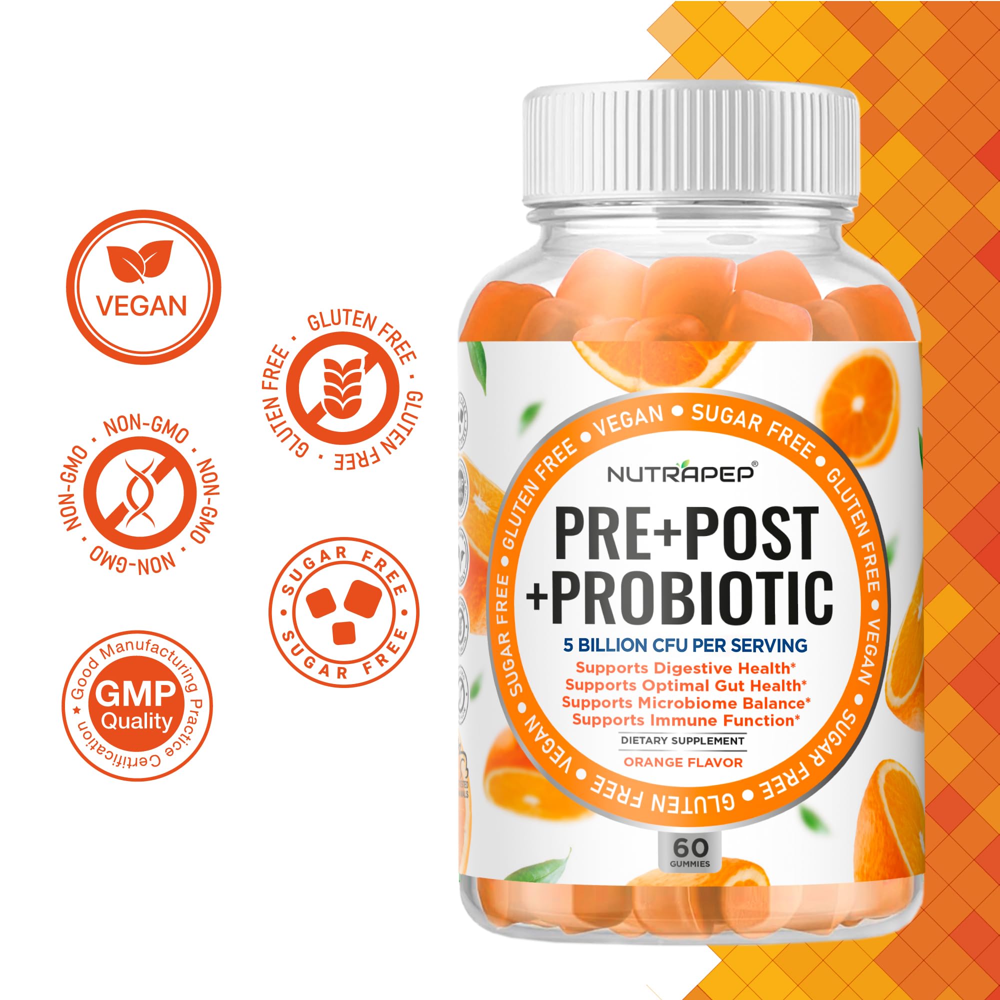 NutraPep PRE+POST+PROBIOTIC Gummies on a wooden table
