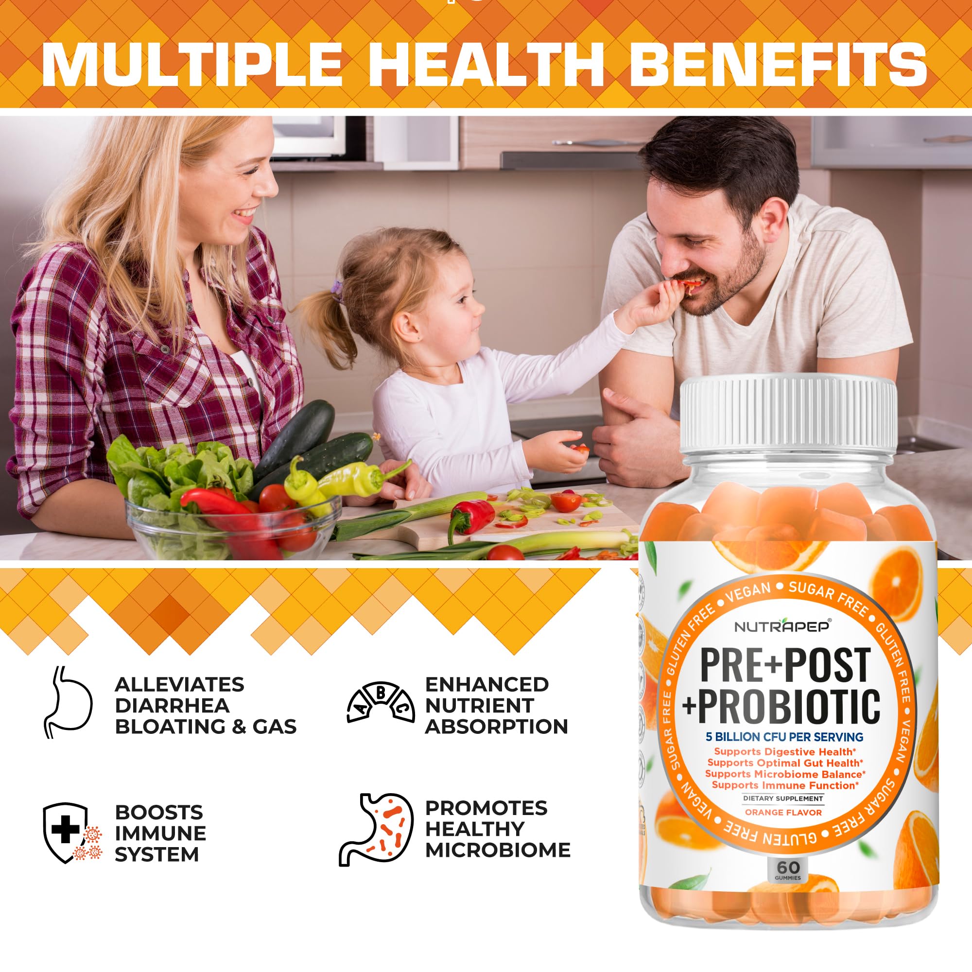 NutraPep PRE+POST+PROBIOTIC Gummies with a hand holding one gummy