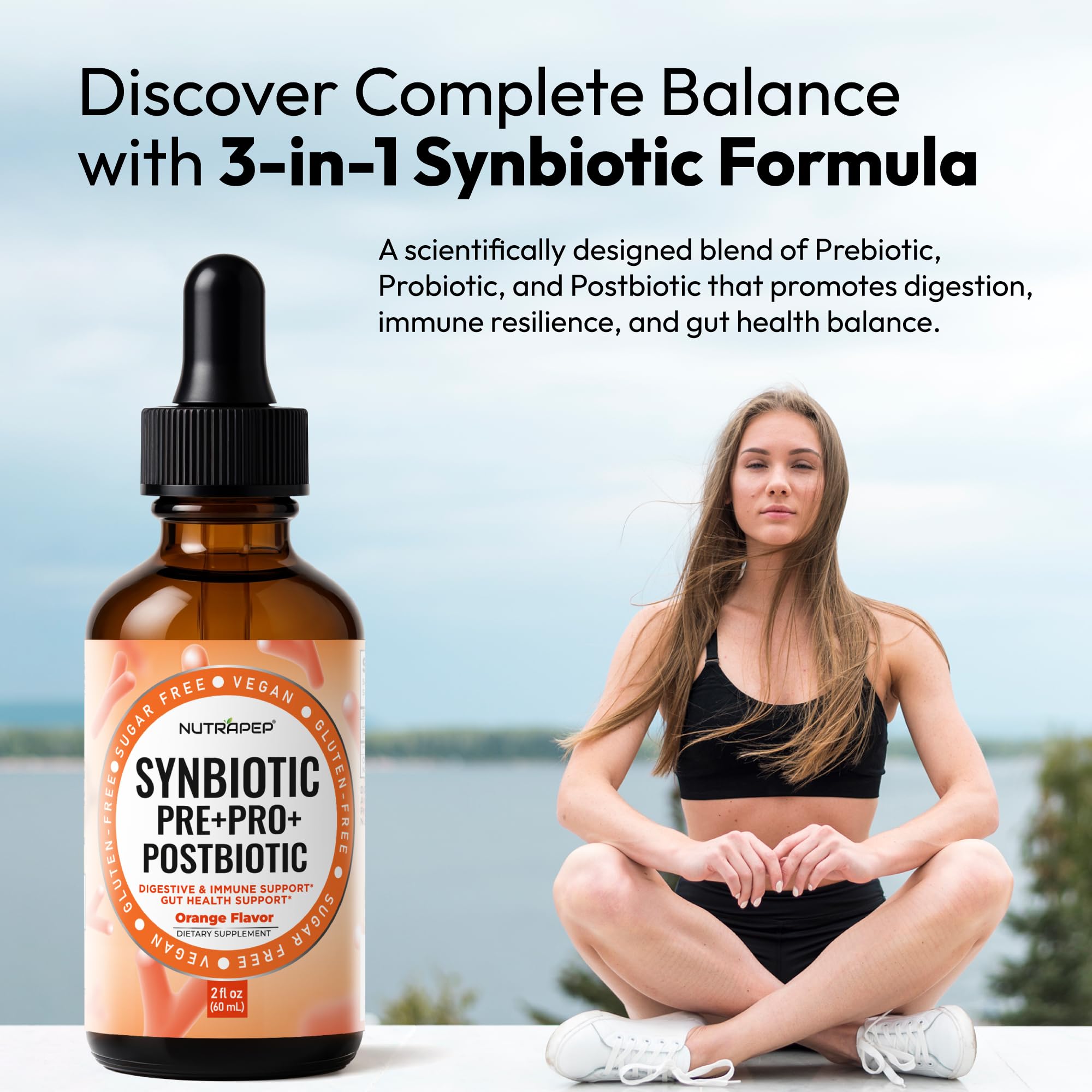 NutraPep Synbiotic Drops bottle with natural orange flavour