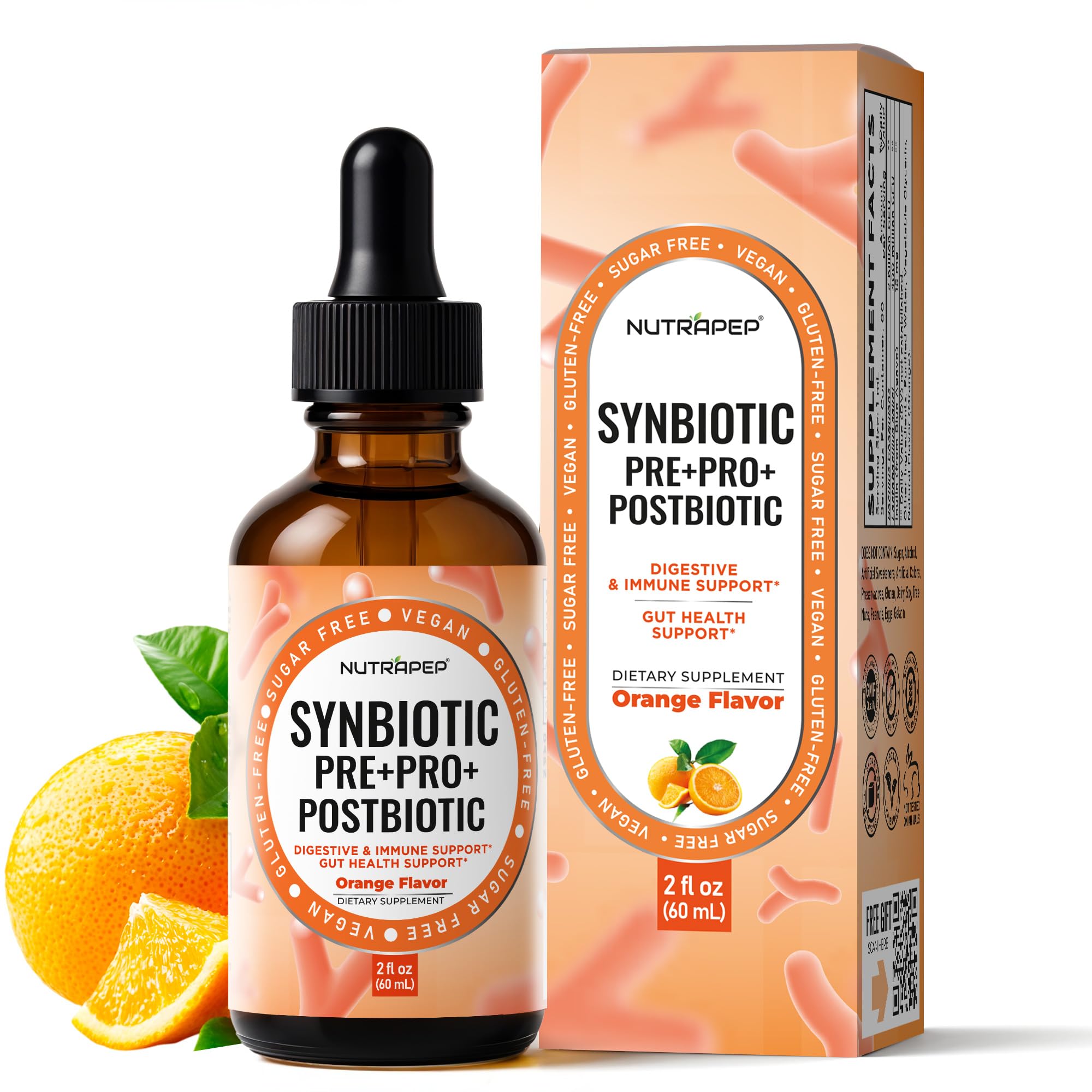 NutraPep Synbiotic Pre+Pro+Postbiotic Drops front view with packaging