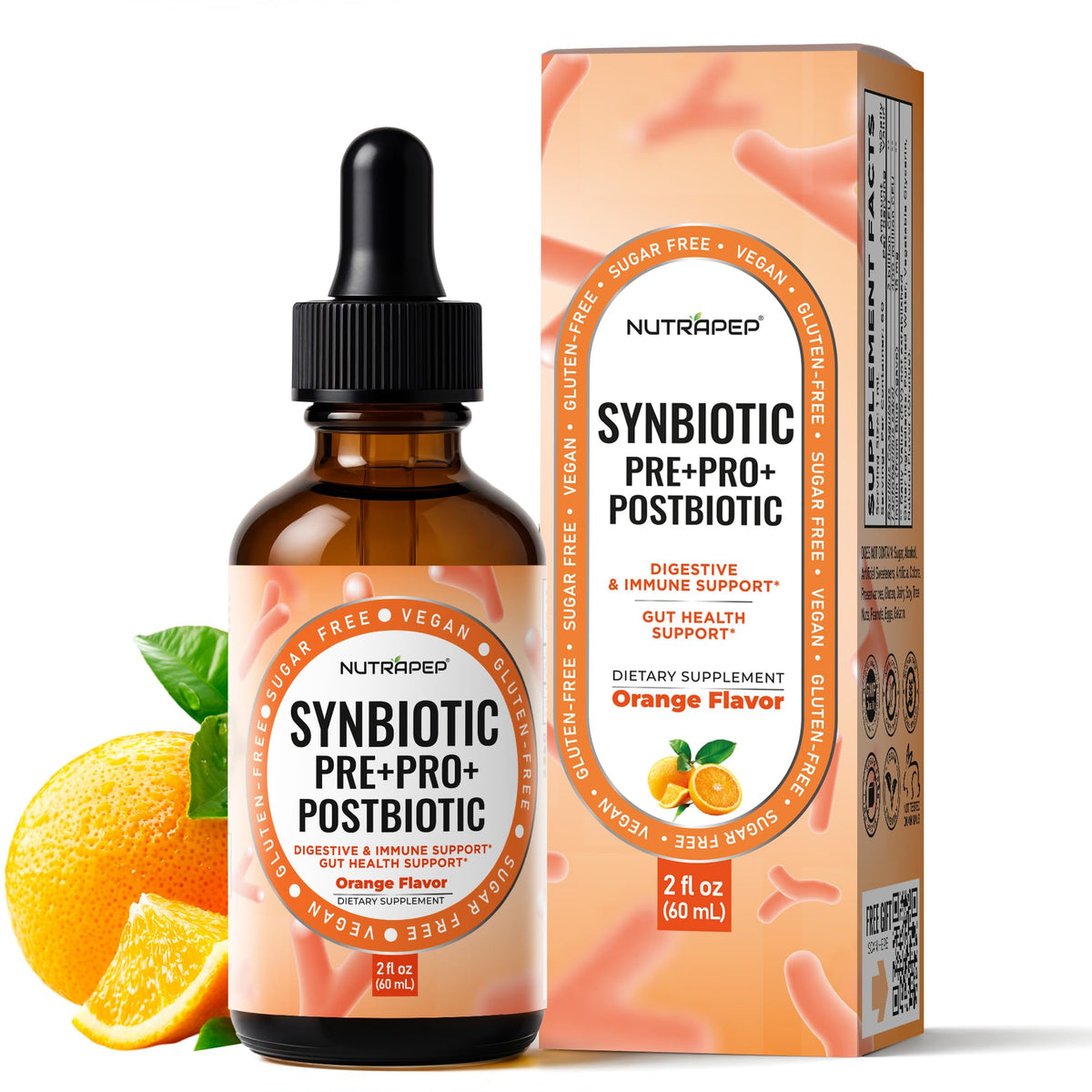 NutraPep Synbiotic Pre+Pro+Postbiotic Drops front view with packaging