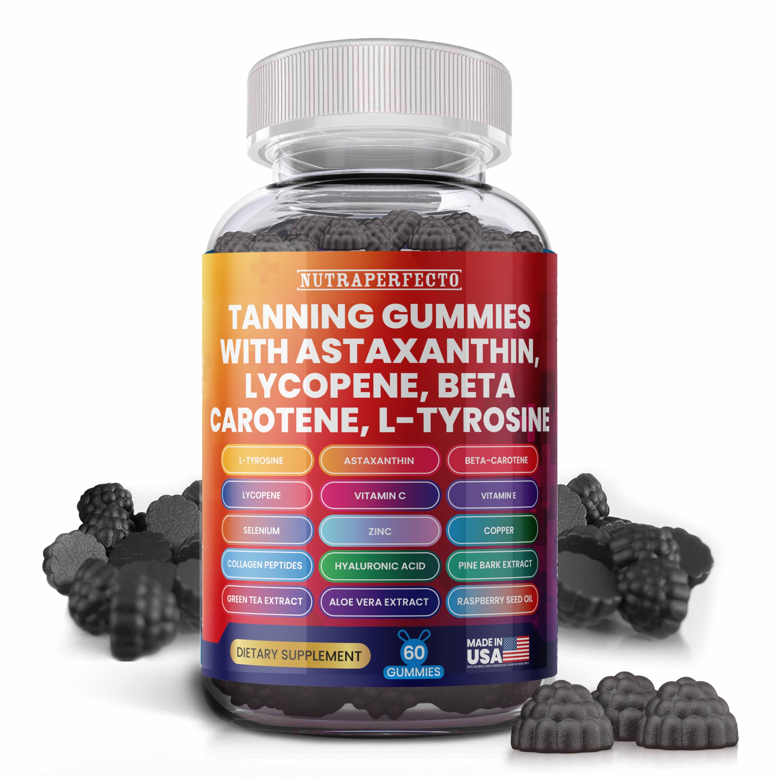 NutraPerfecto Tanning Gummies front view with packaging