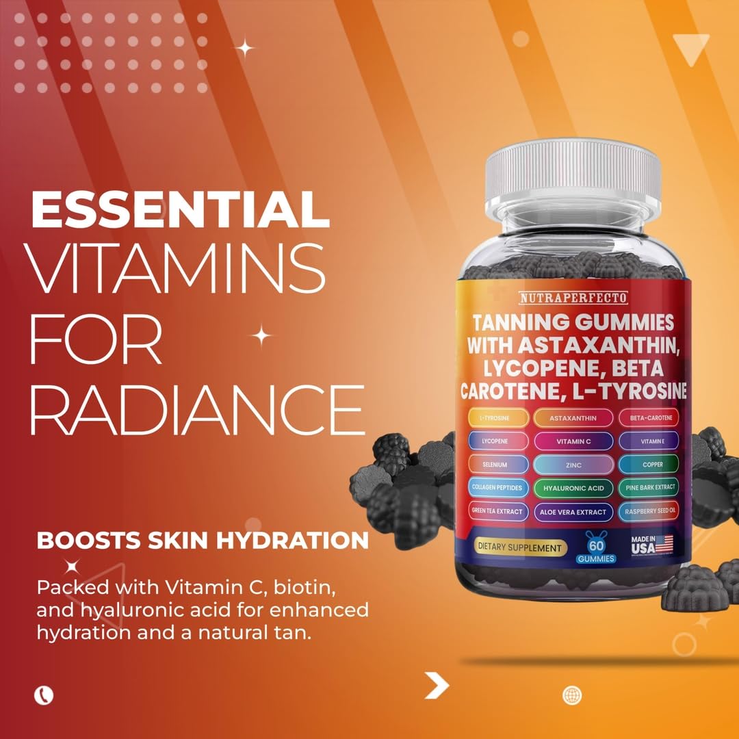 NutraPerfecto Tanning Gummies on a wooden table