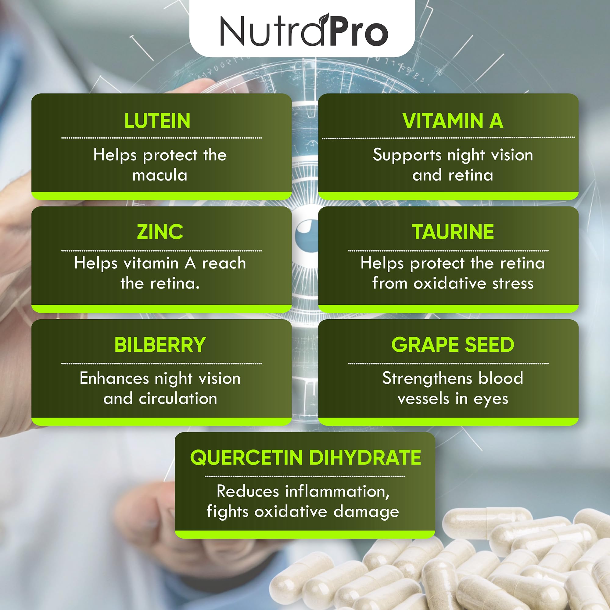 NutraPro Lutein Eye Health Supplement on a wooden table