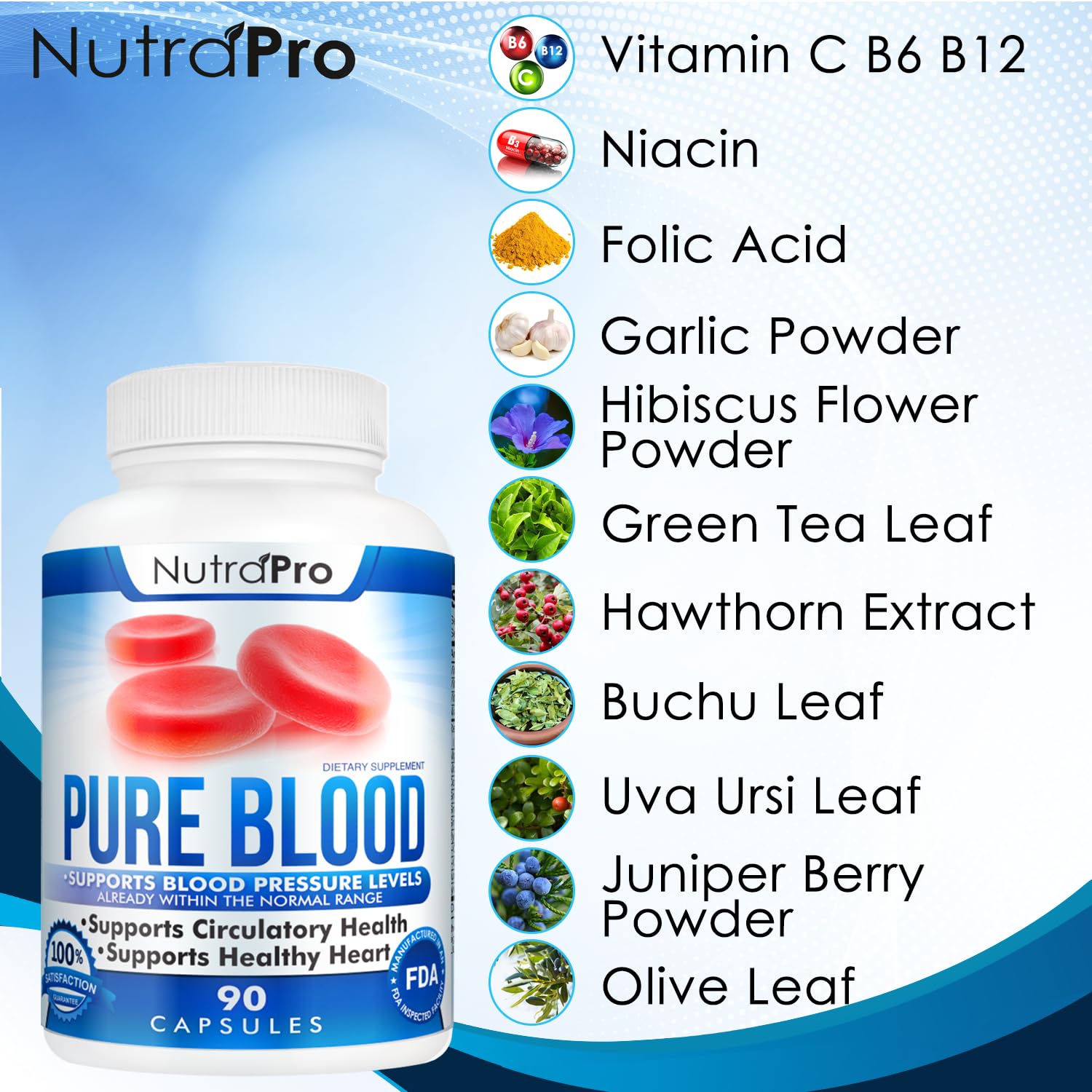NutraPro Pure Blood capsules displayed on a wooden surface