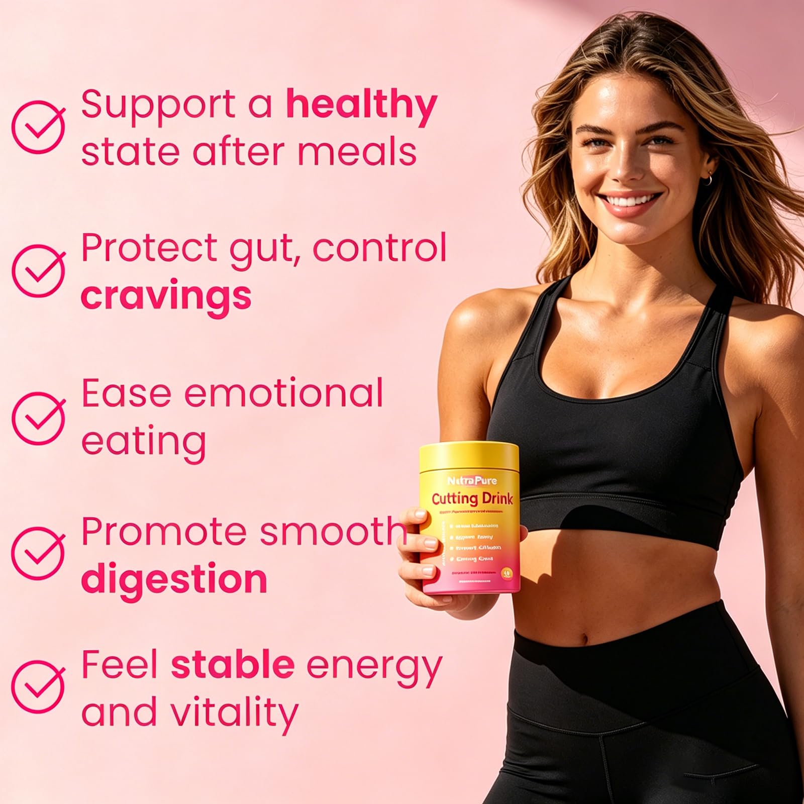 Nutrapure Comprehensive Prebiotic Drink Mix stick sachet next to a glass of water