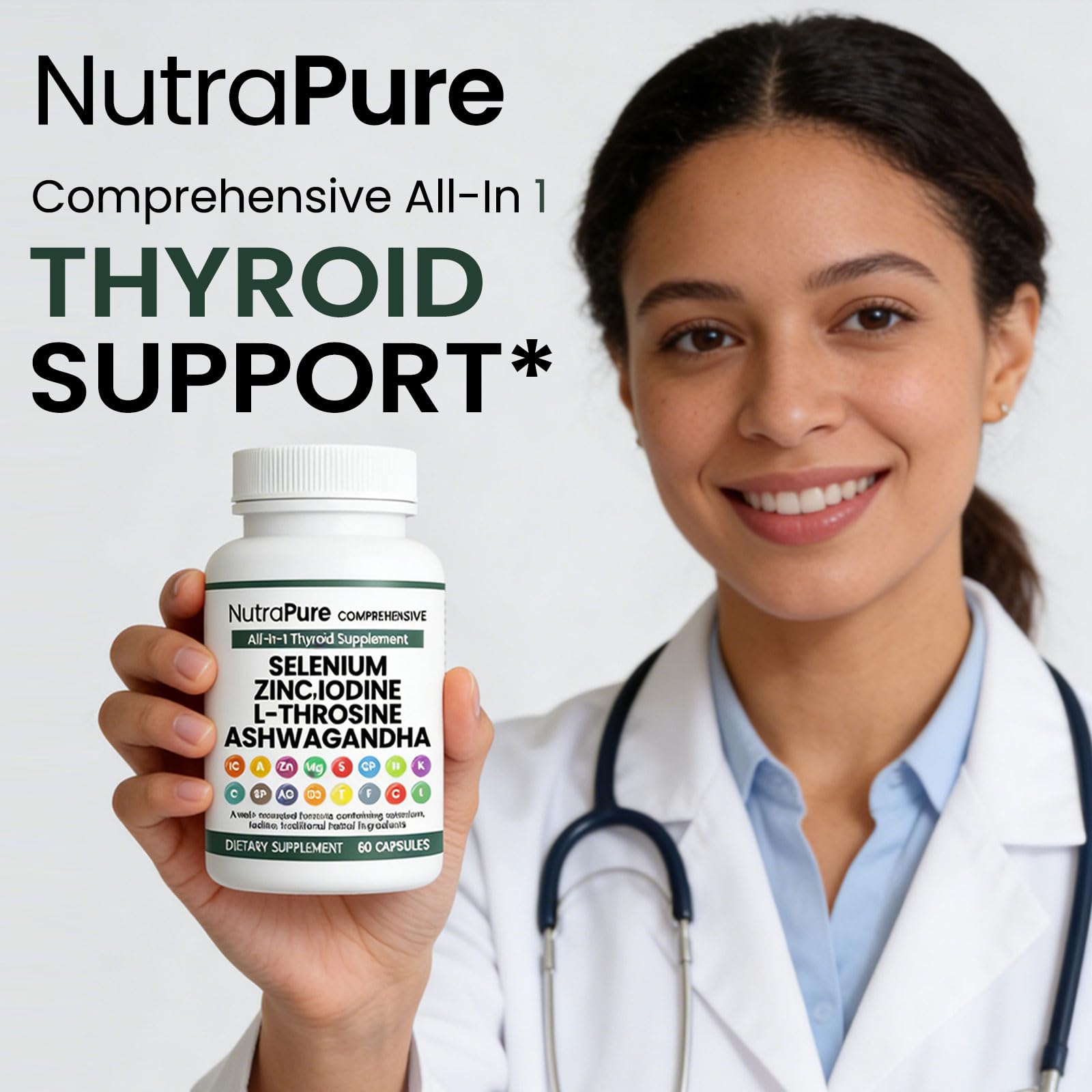 Nutrapure Comprehensive Thyroid Extracts capsules in a hand