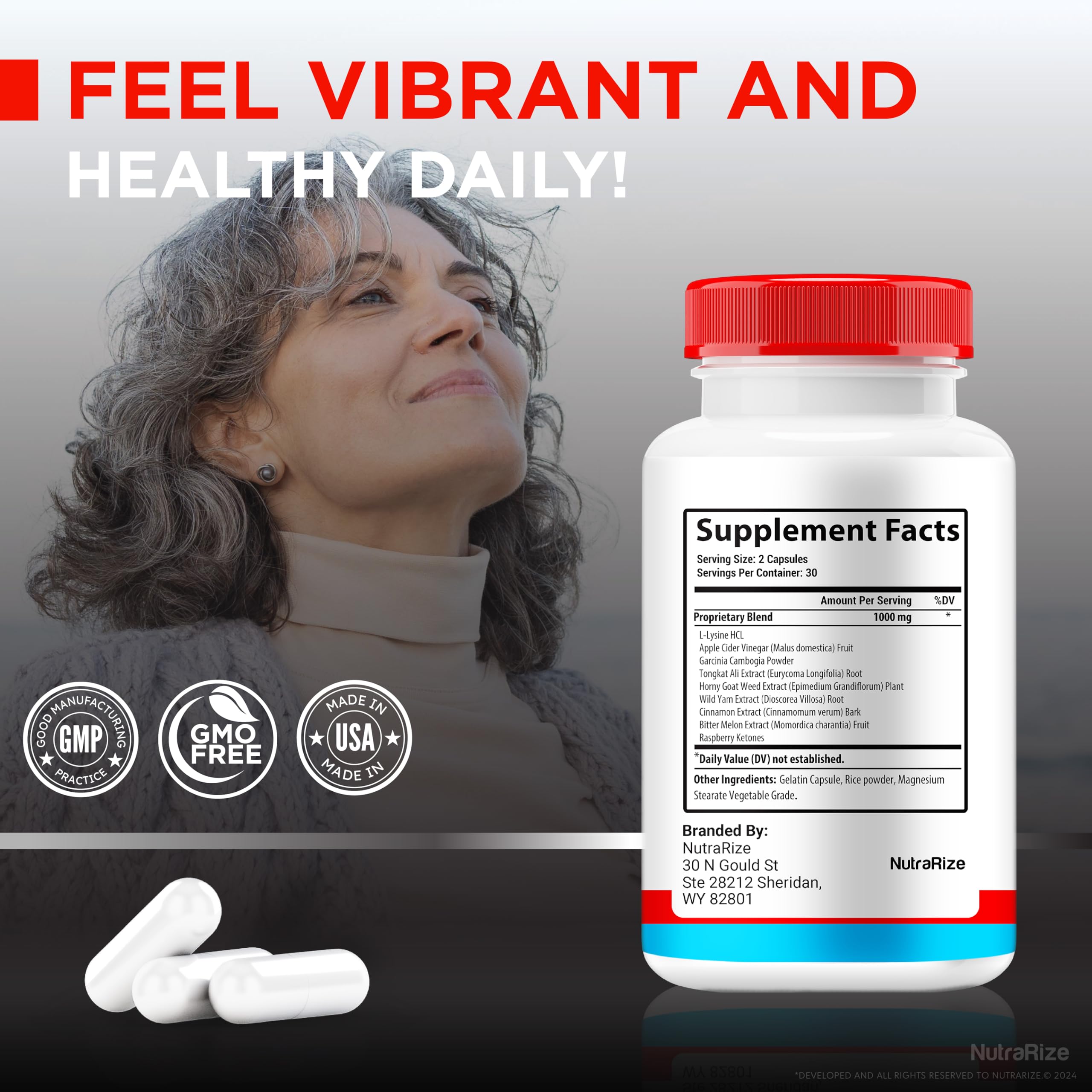 NutraRize Trusted Relief Capsules packaging with natural ingredients
