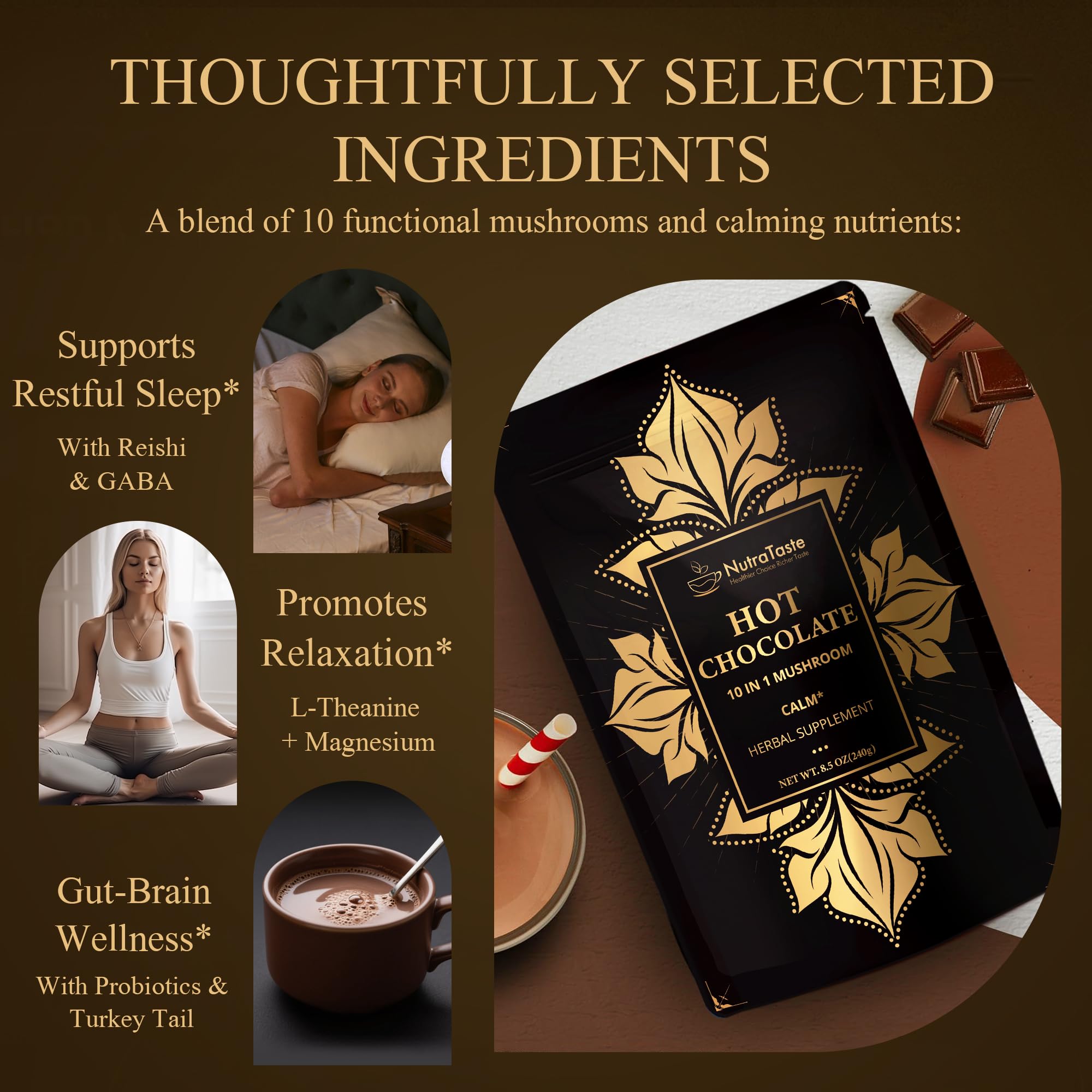 NUTRATASTE Mushroom Hot Cocoa 241g serving suggestion in a cup