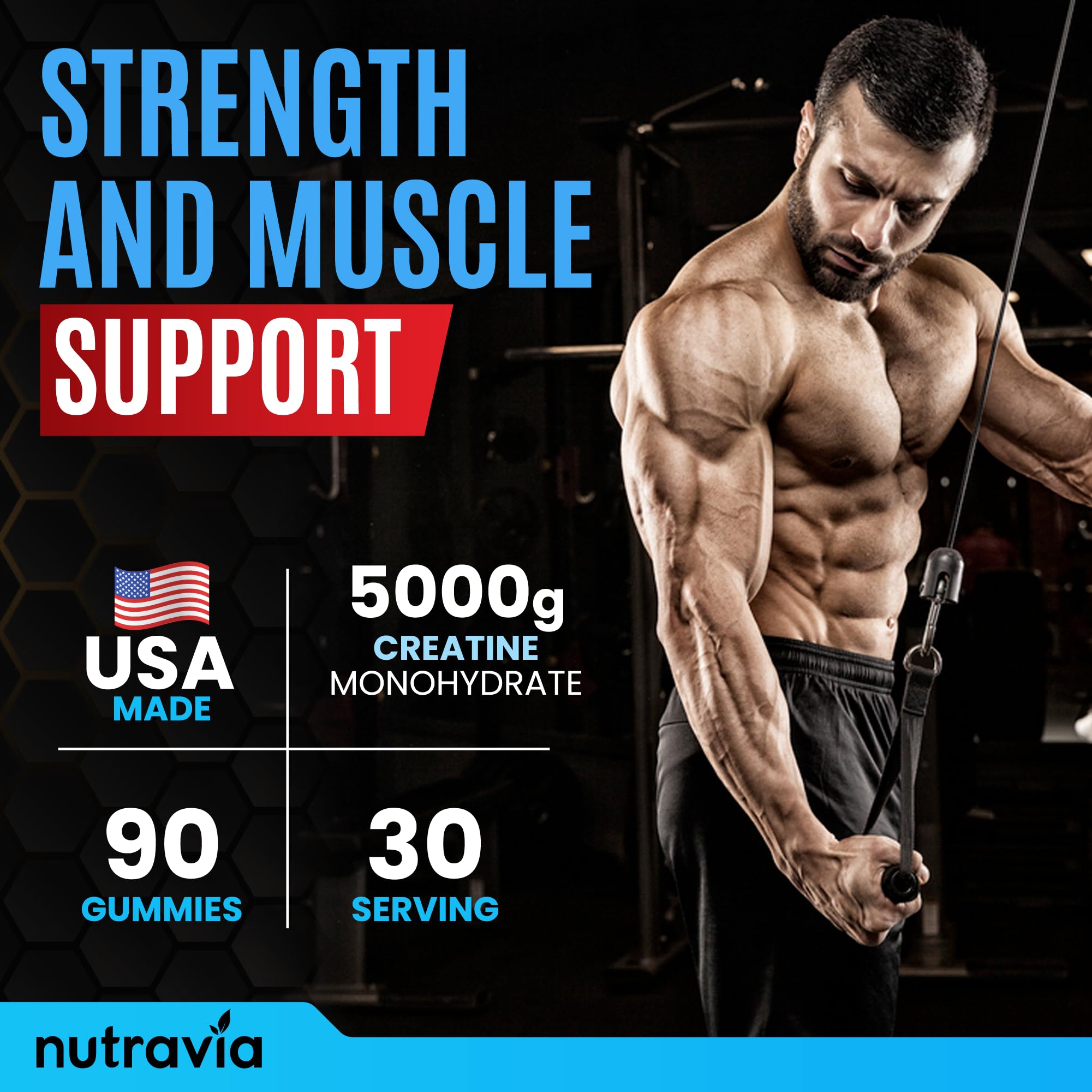 Nutravia Creatine Gummies in a bowl with blue raspberry