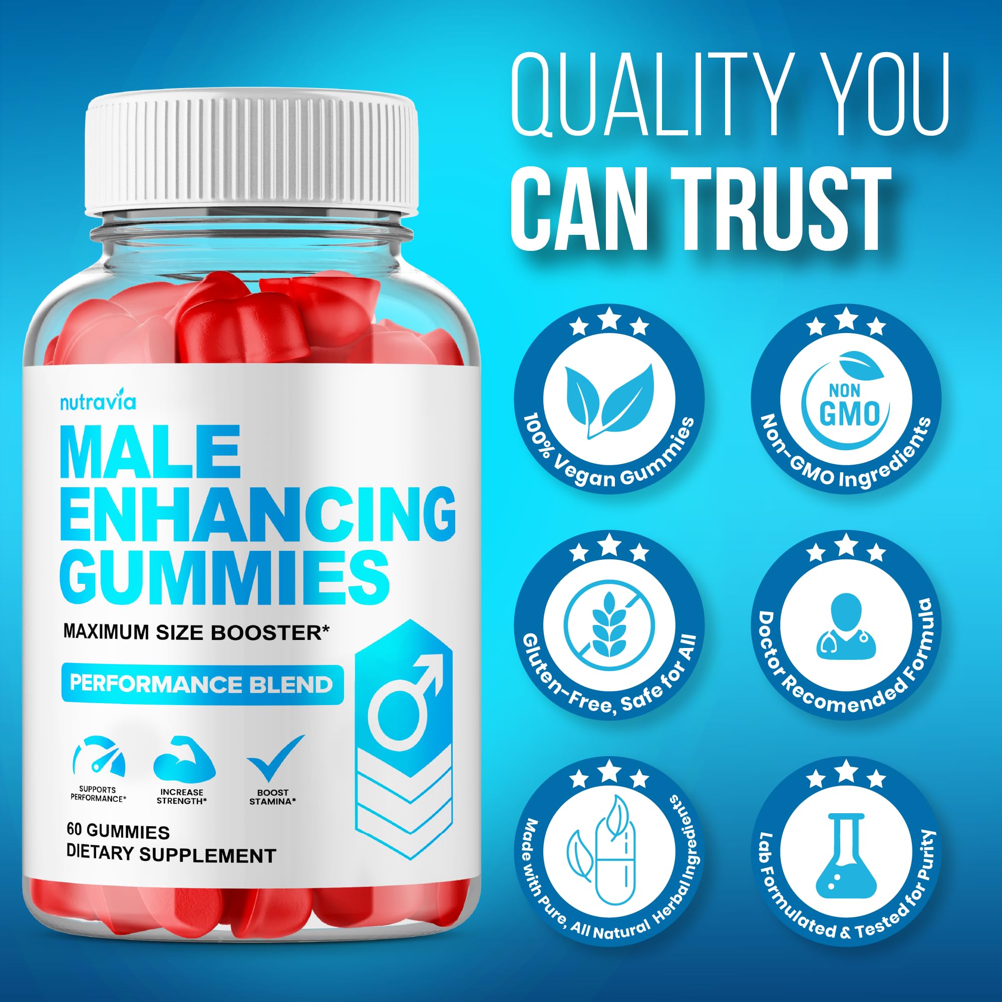 Nutravia Male support Gummies displayed on a wooden table