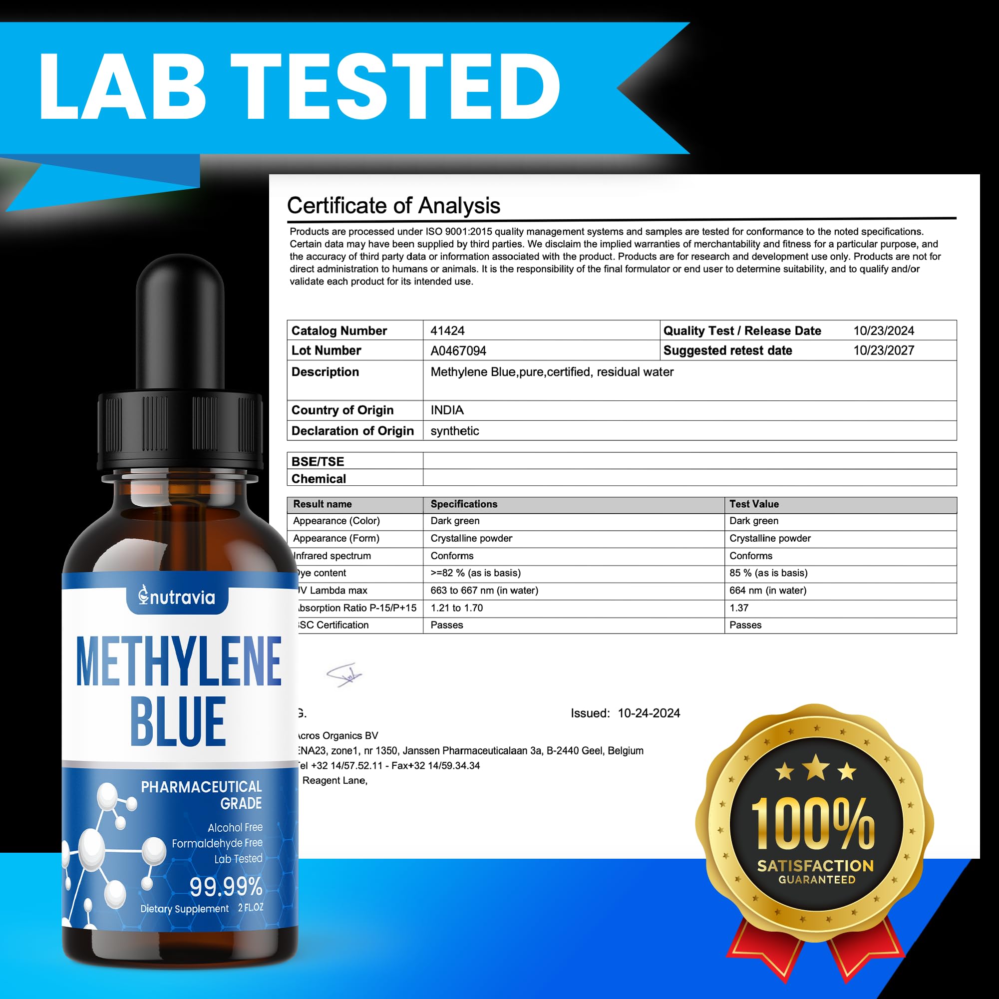 Nutravia Methylene Blue 132g back view showing ingredient information