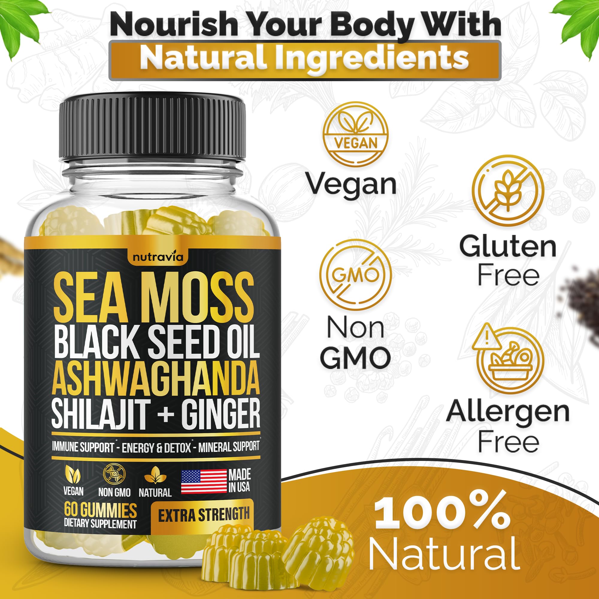 Nutravia Sea Moss Gummies 170g back view with ingredient list