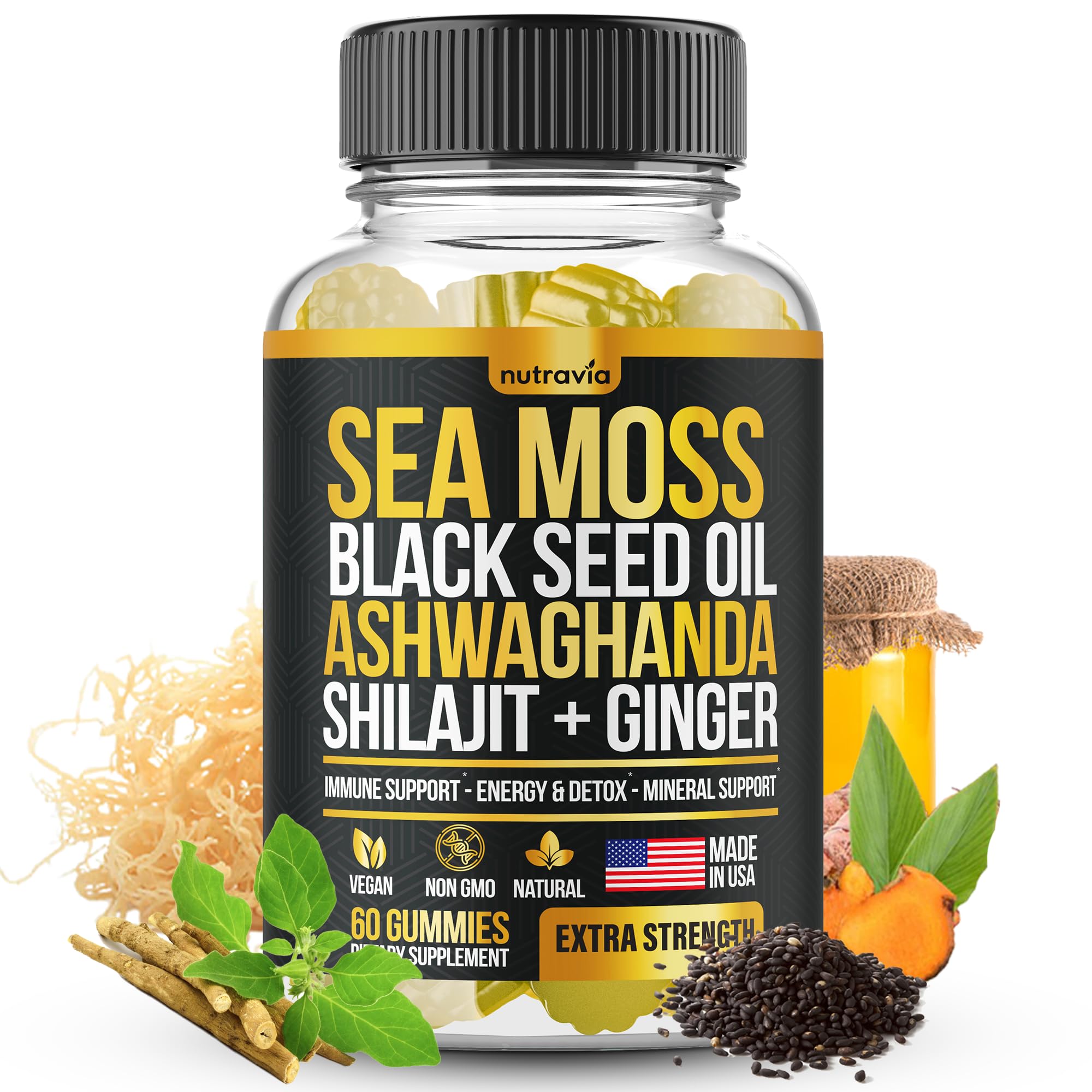 Nutravia Sea Moss Gummies 170g front view with packaging