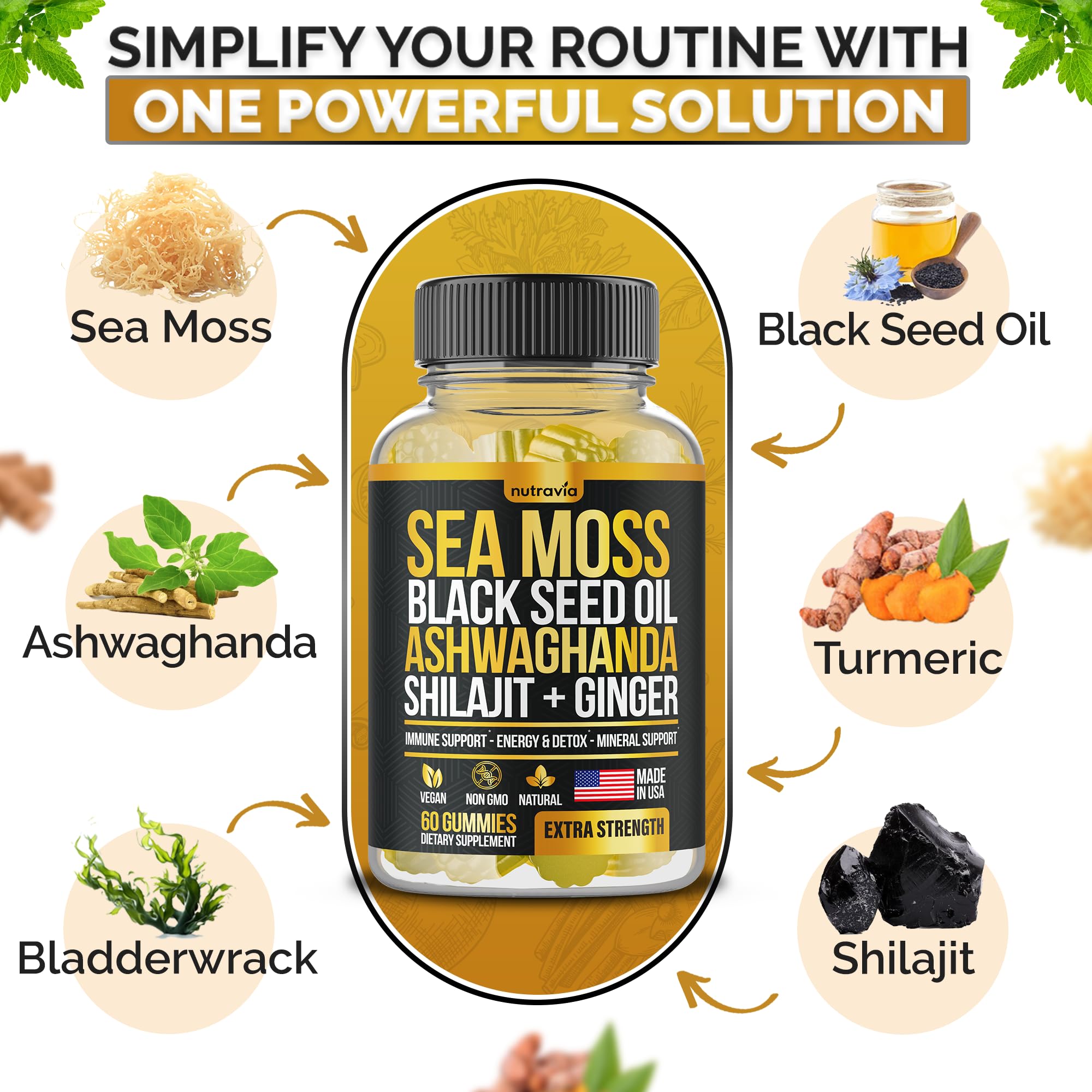 Nutravia Sea Moss Gummies 170g lifestyle scene with healthy snacks