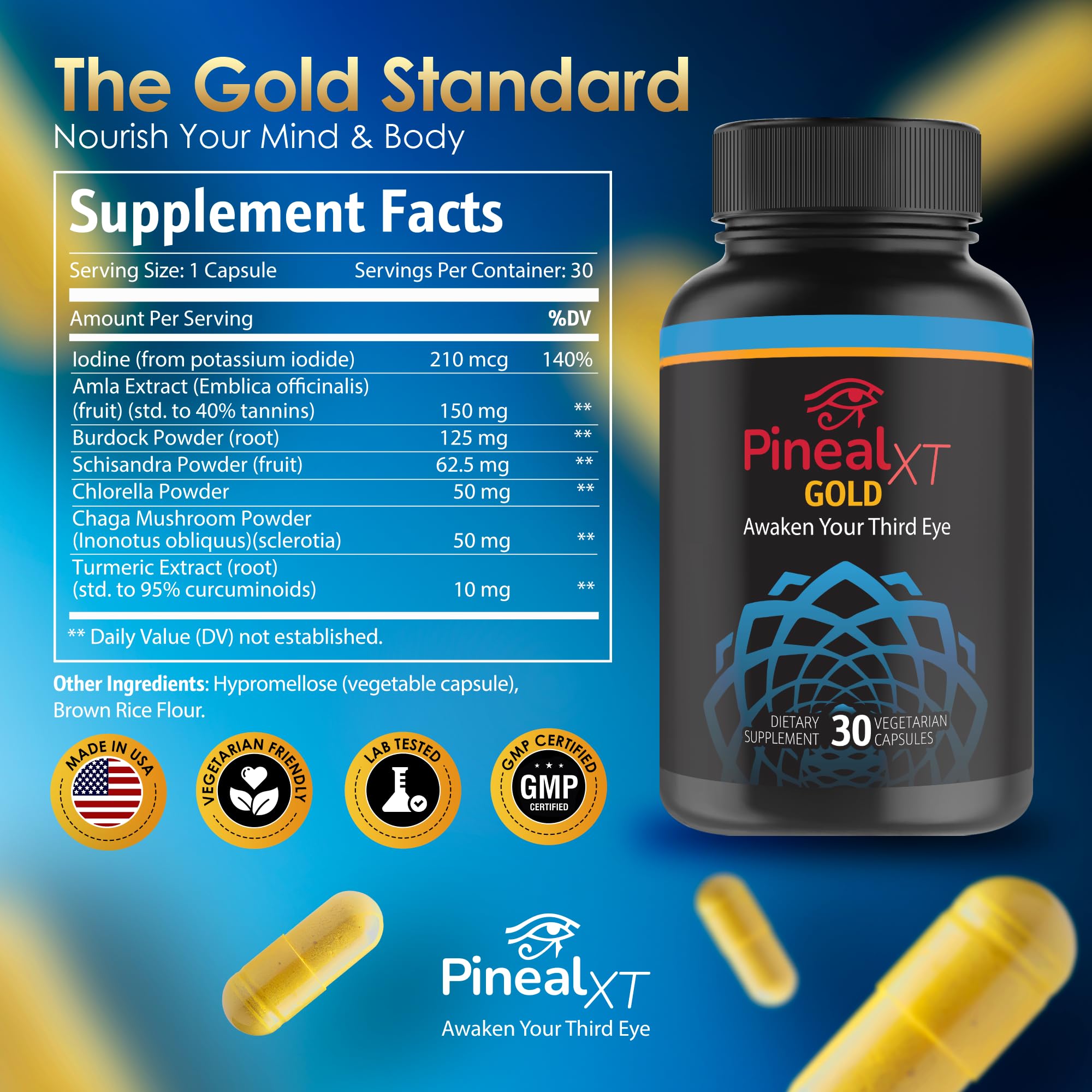 Nutraville Pineal XT Gold supplement capsules on a wooden surface