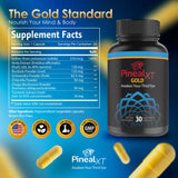 Nutraville Pineal XT Gold supplement capsules on a wooden surface