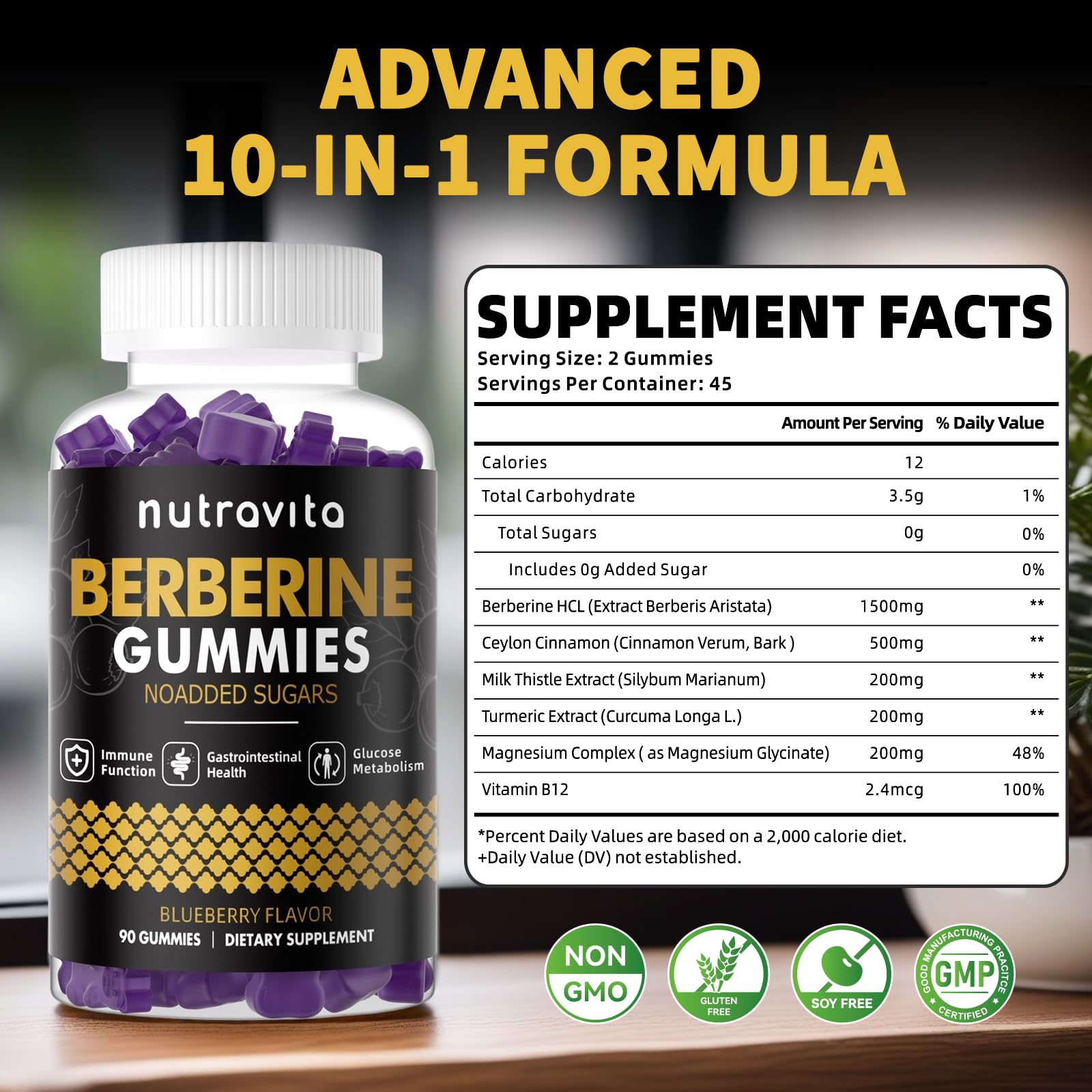 Nutravita Berberine Gummies packaging with blueberry flavour