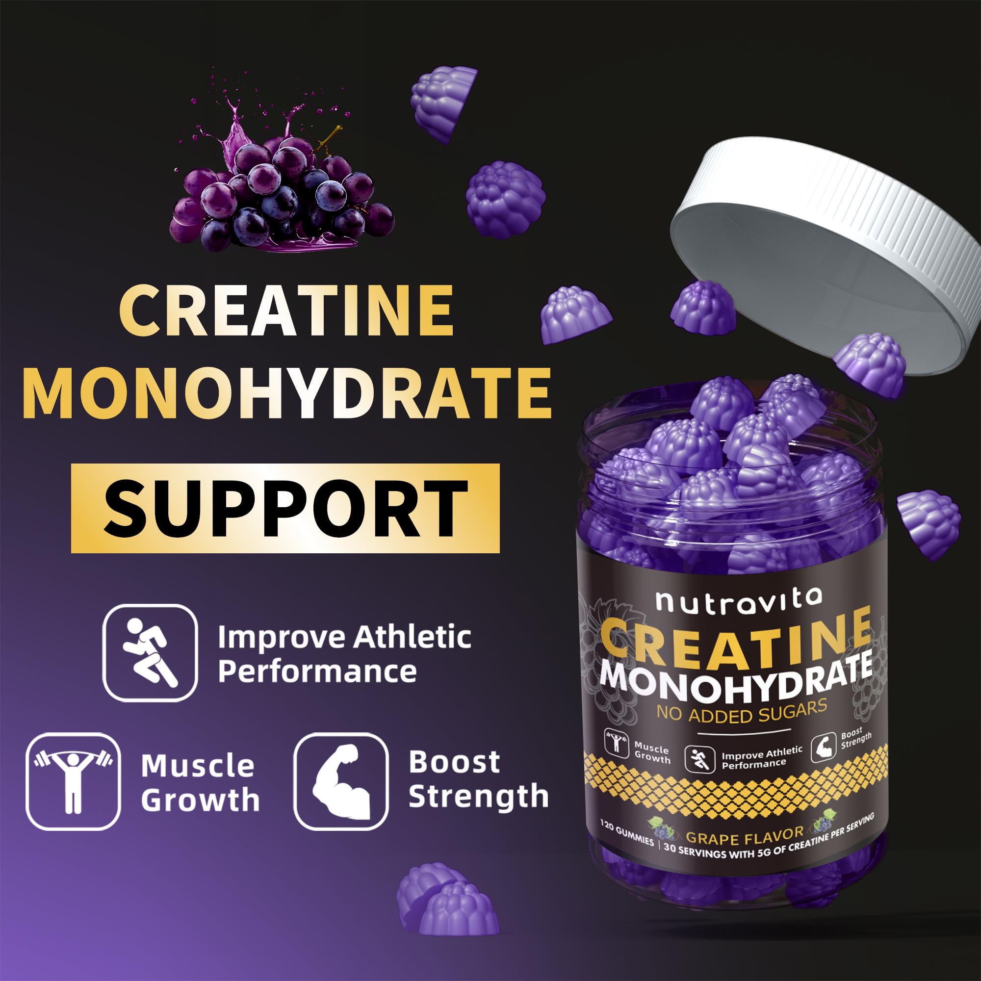 Nutravita Creatine Gummies three gummies on a white background