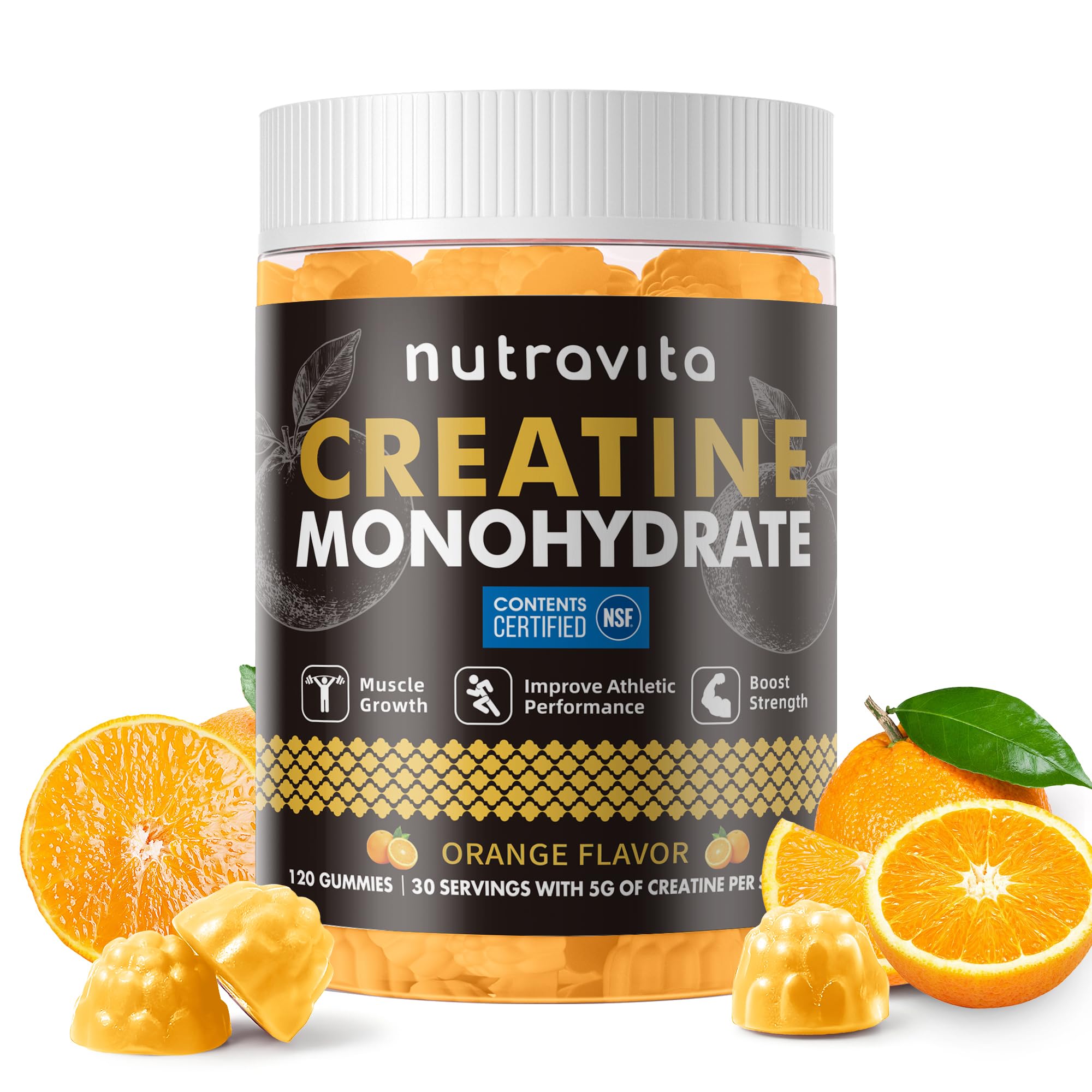 Nutravita Creatine Monohydrate Gummies 120 count orange bottle front view