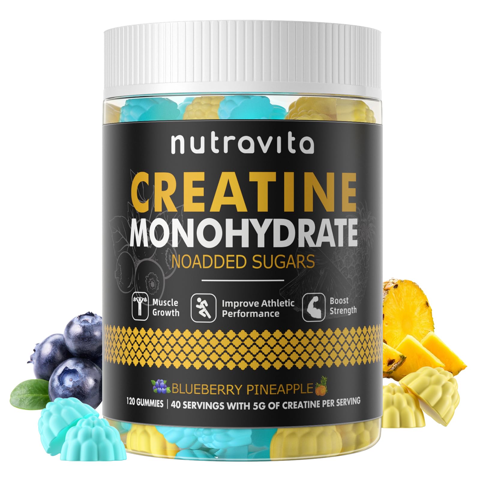 Nutravita Creatine Monohydrate Gummies bottle with a measuring spoon