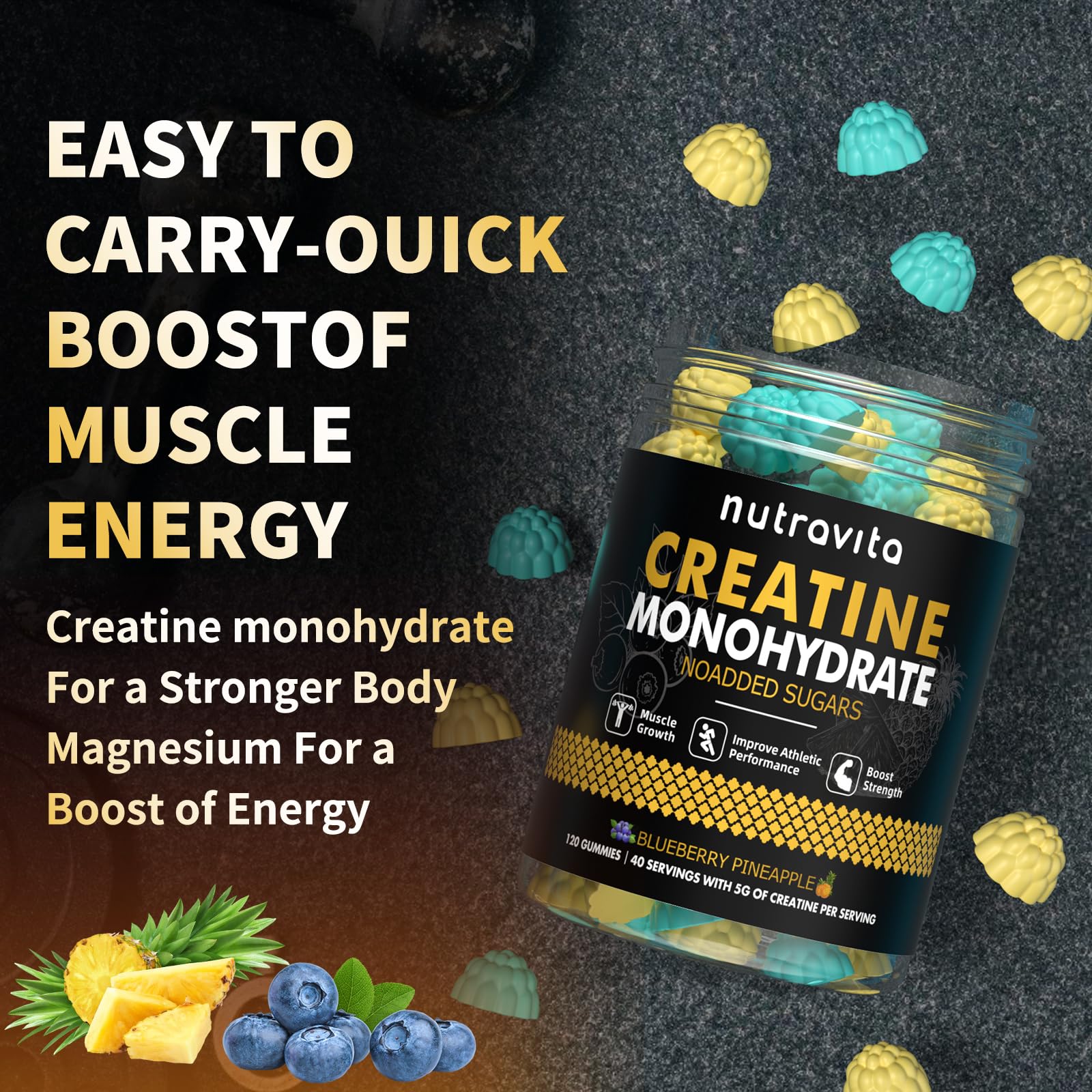 Nutravita Creatine Monohydrate Gummies lifestyle scene with sports gear