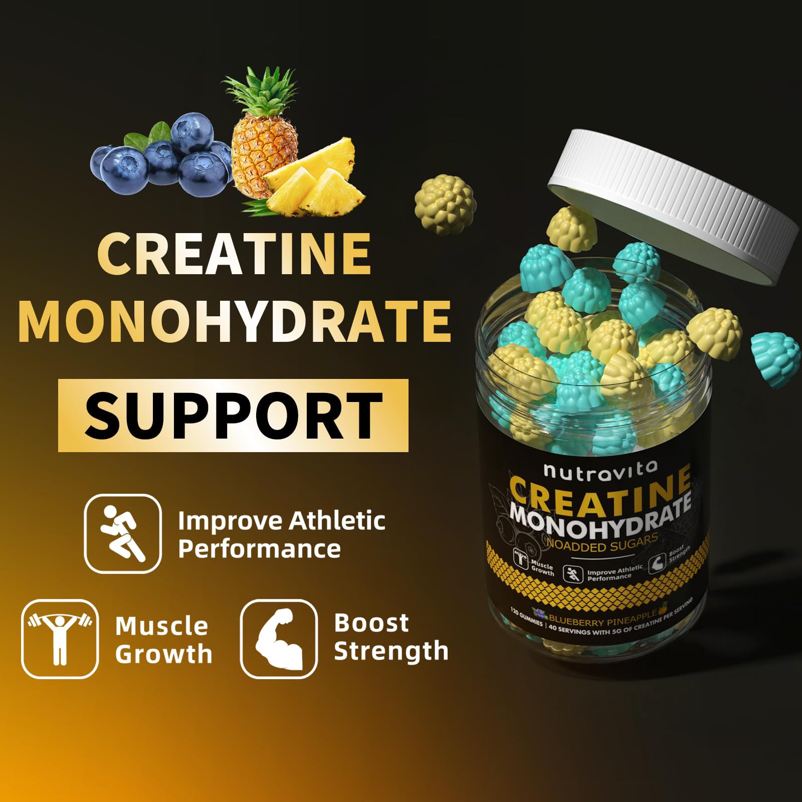 Nutravita Creatine Monohydrate Gummies open bottle with gummies