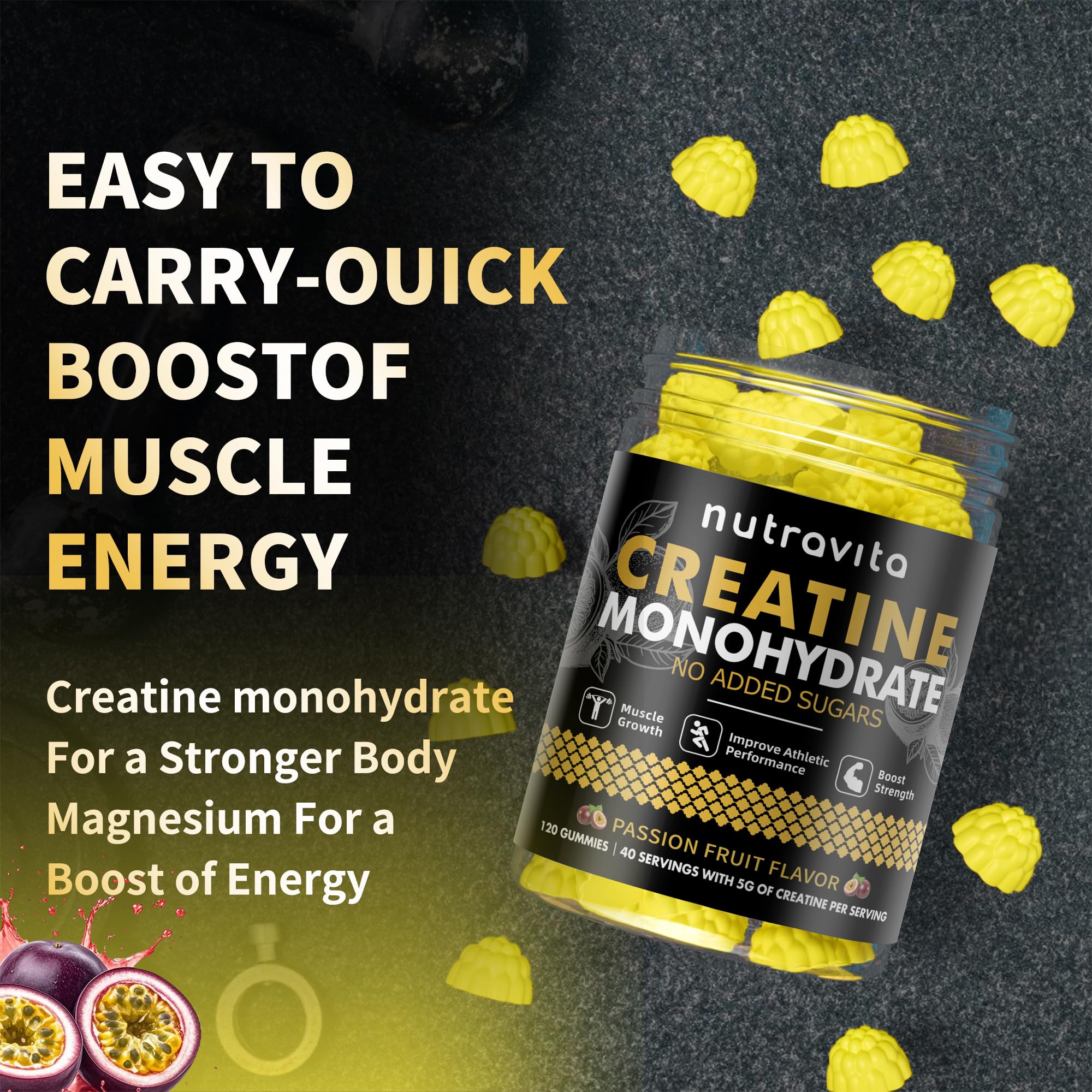 Nutravita Creatine Monohydrate Gummies with a measuring spoon
