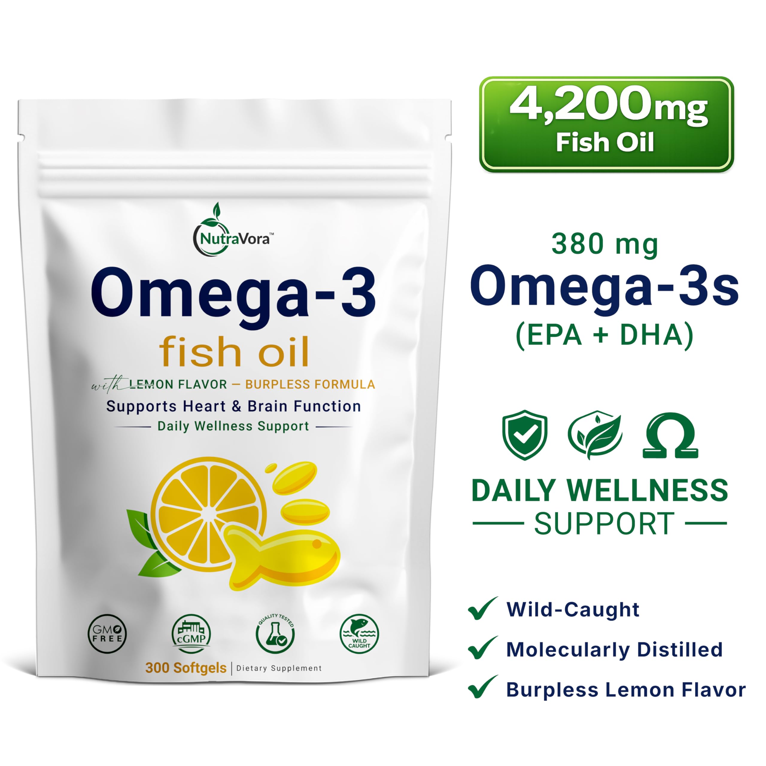 NutraVora Omega-3 Fish Oil Softgels bottle with 300 softgels