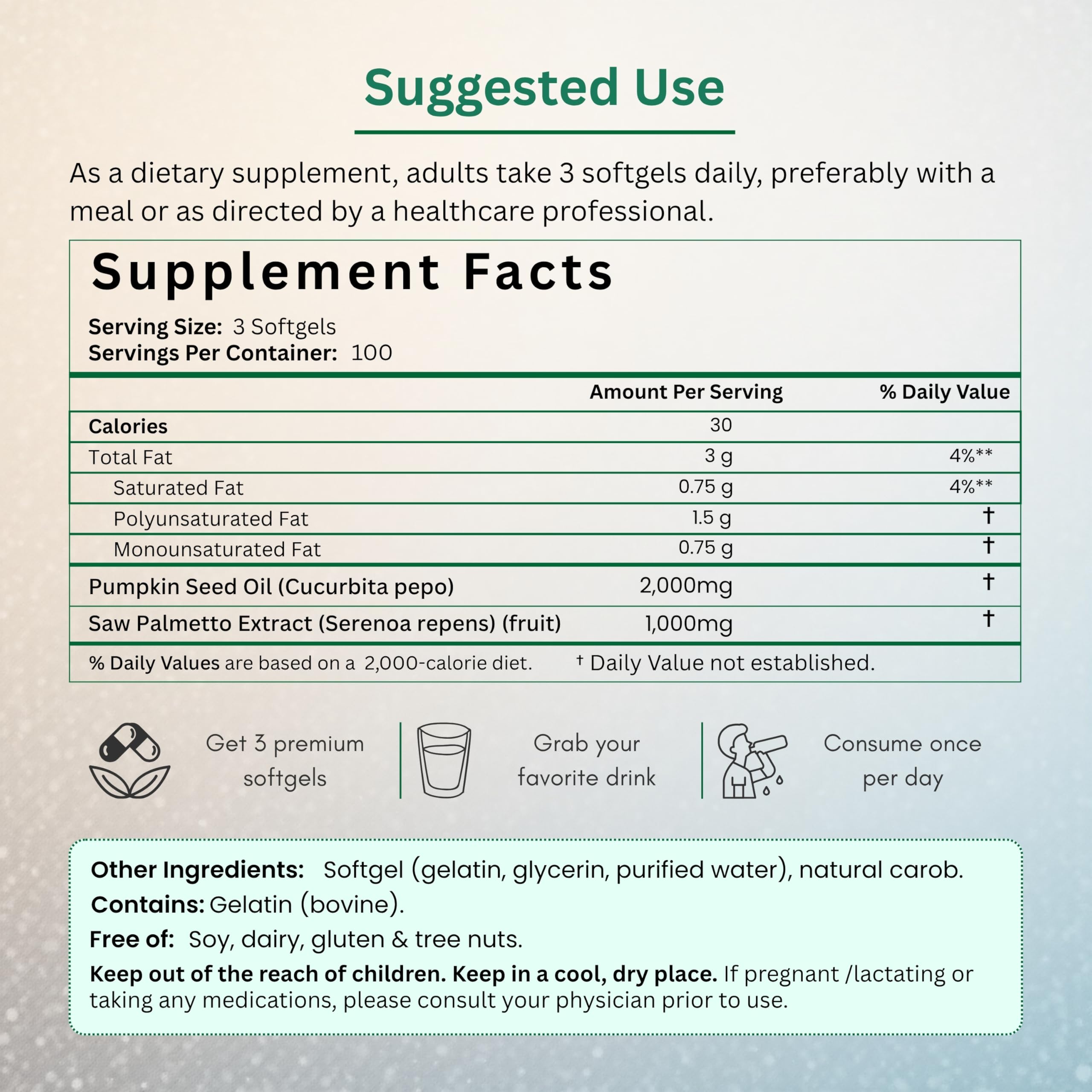 NutraVora Saw Palmetto & Pumpkin Seed Oil Softgels in a hand