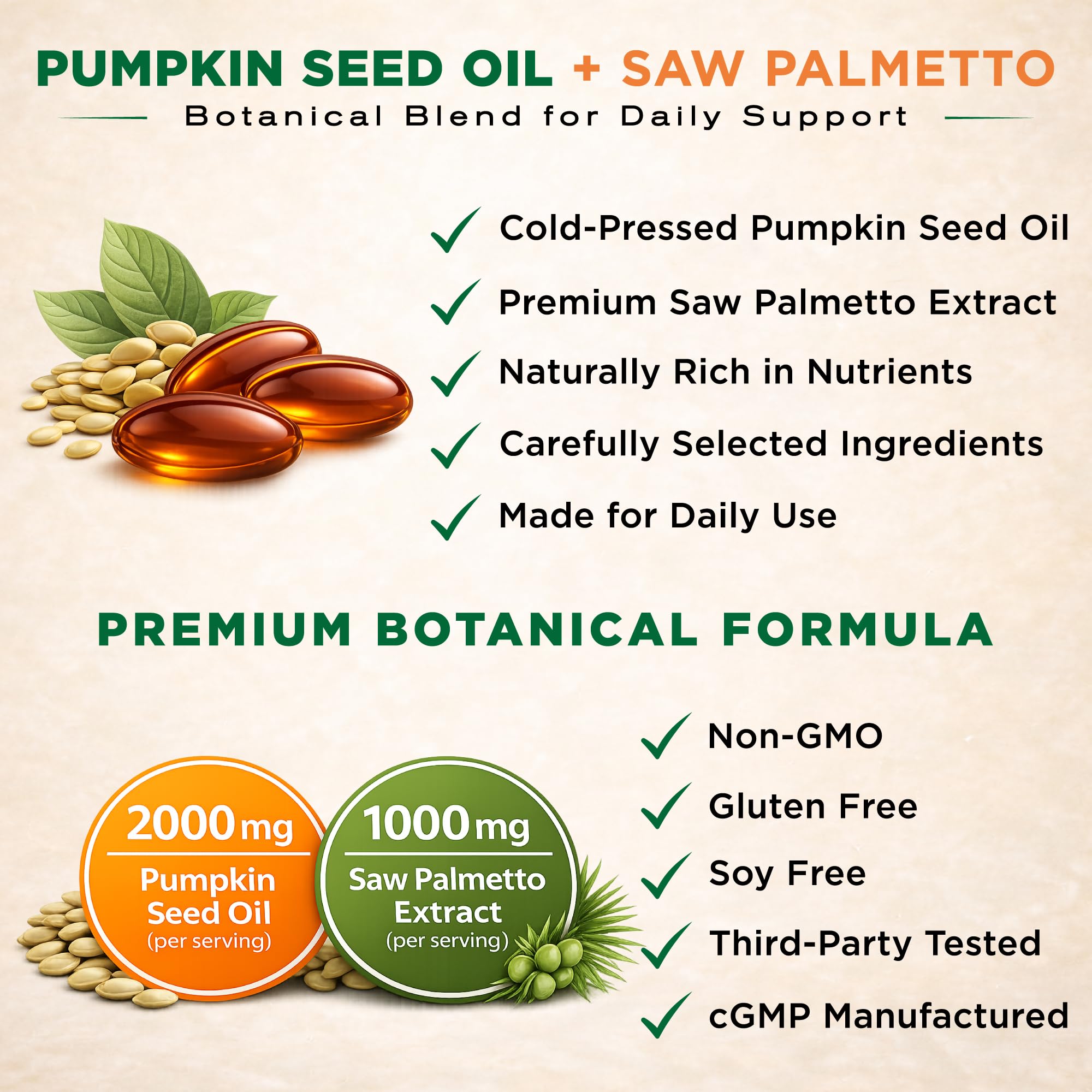 NutraVora Saw Palmetto & Pumpkin Seed Oil Softgels on a wooden table