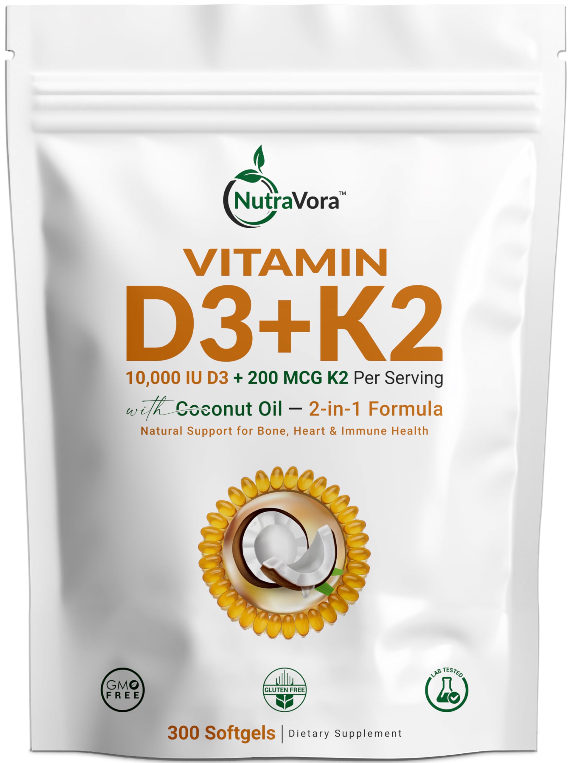 NutraVora Vitamin D3 + K2 Softgels 300 count front view