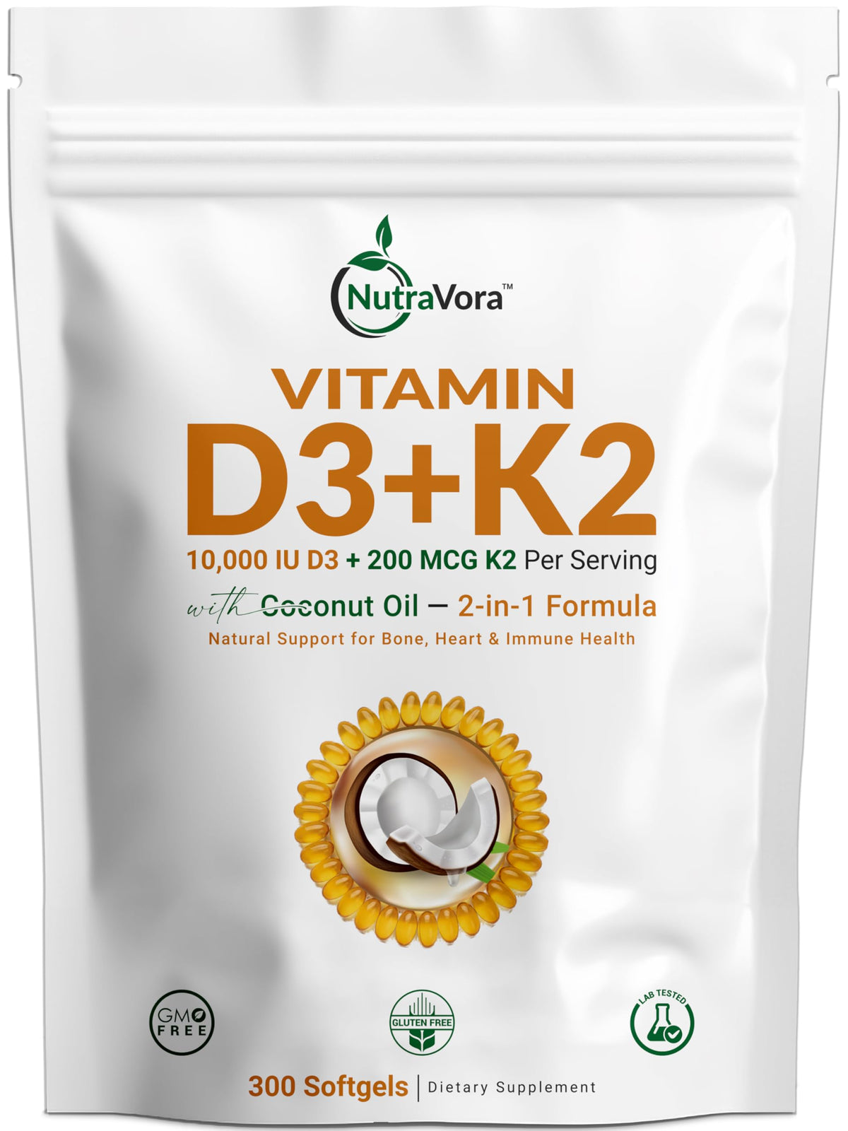 NutraVora Vitamin D3 + K2 Softgels 300 count front view