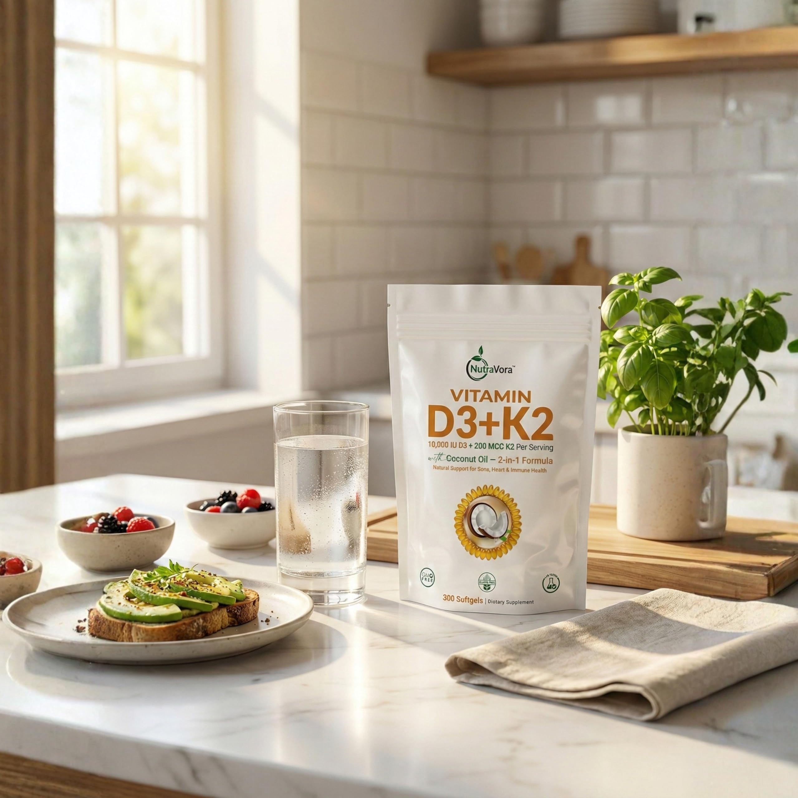 NutraVora Vitamin D3 + K2 Softgels with coconut oil