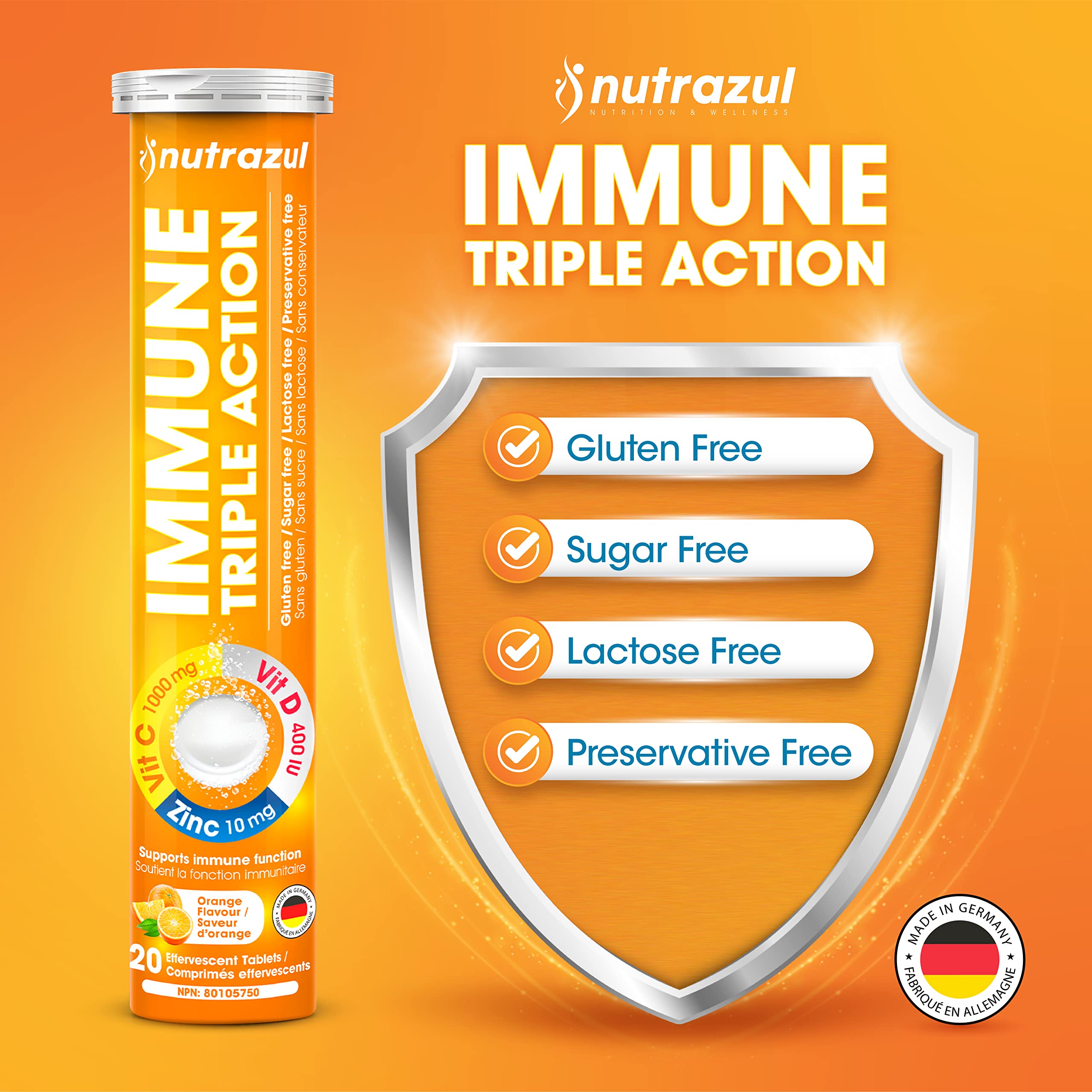 nutrazul daily wellness Triple Action Vitamin C 1000mg effervescent tablets with glass of water