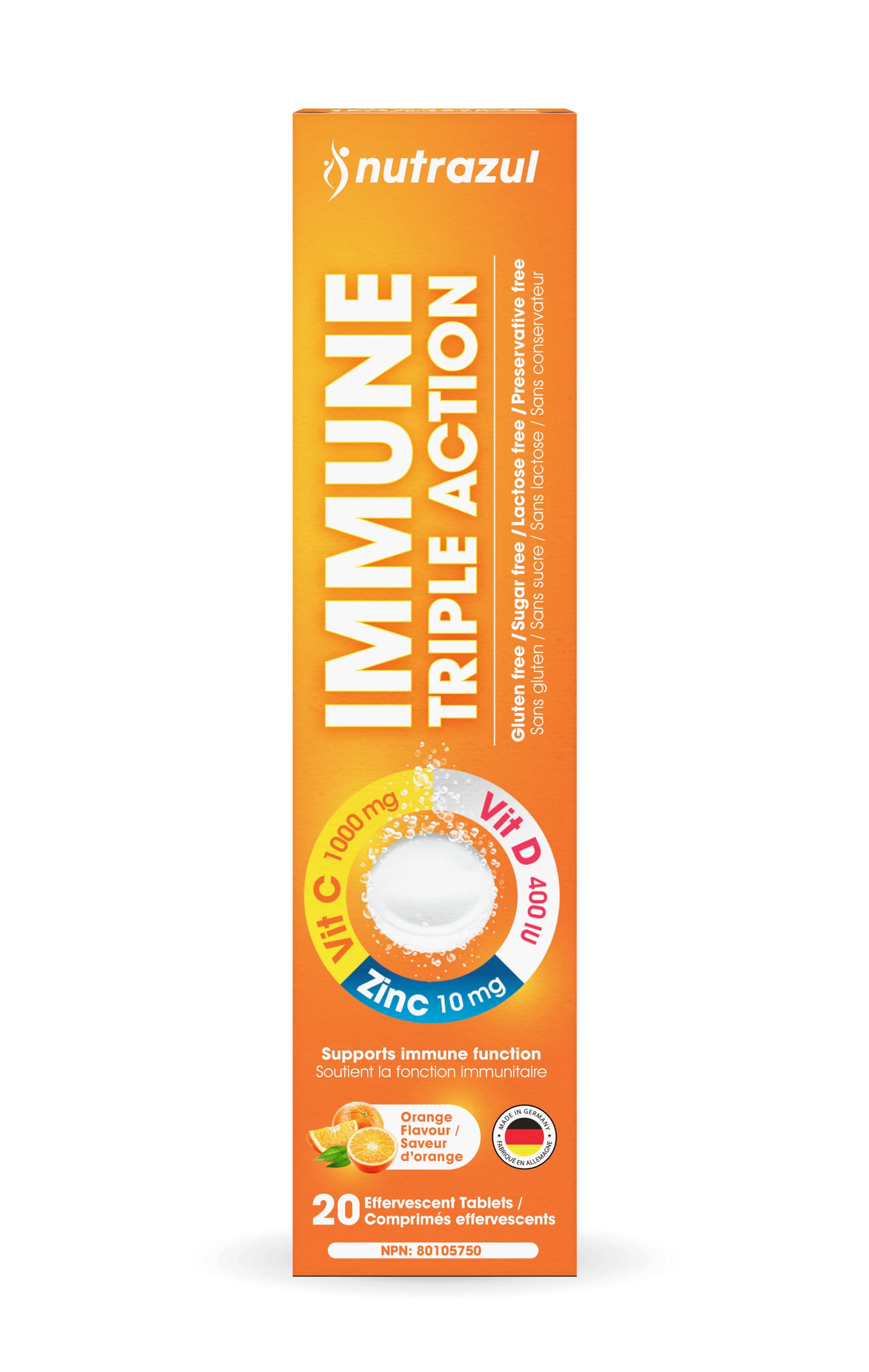 nutrazul daily wellness Triple Action Vitamin C 1000mg effervescent tablets on a kitchen counter