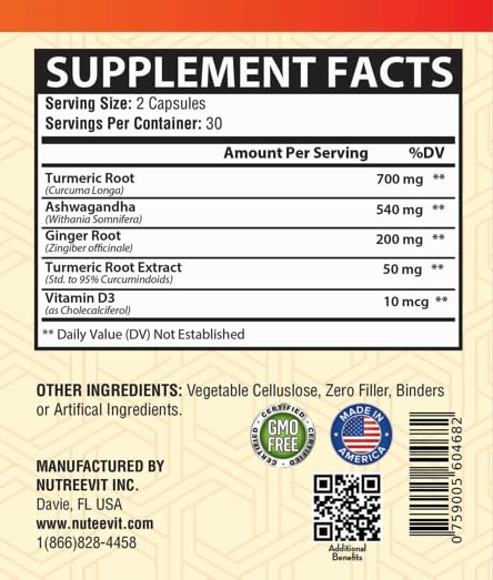 NutreeVit Organic Ashwagandha Turmeric Ginger Supplement capsules close-up