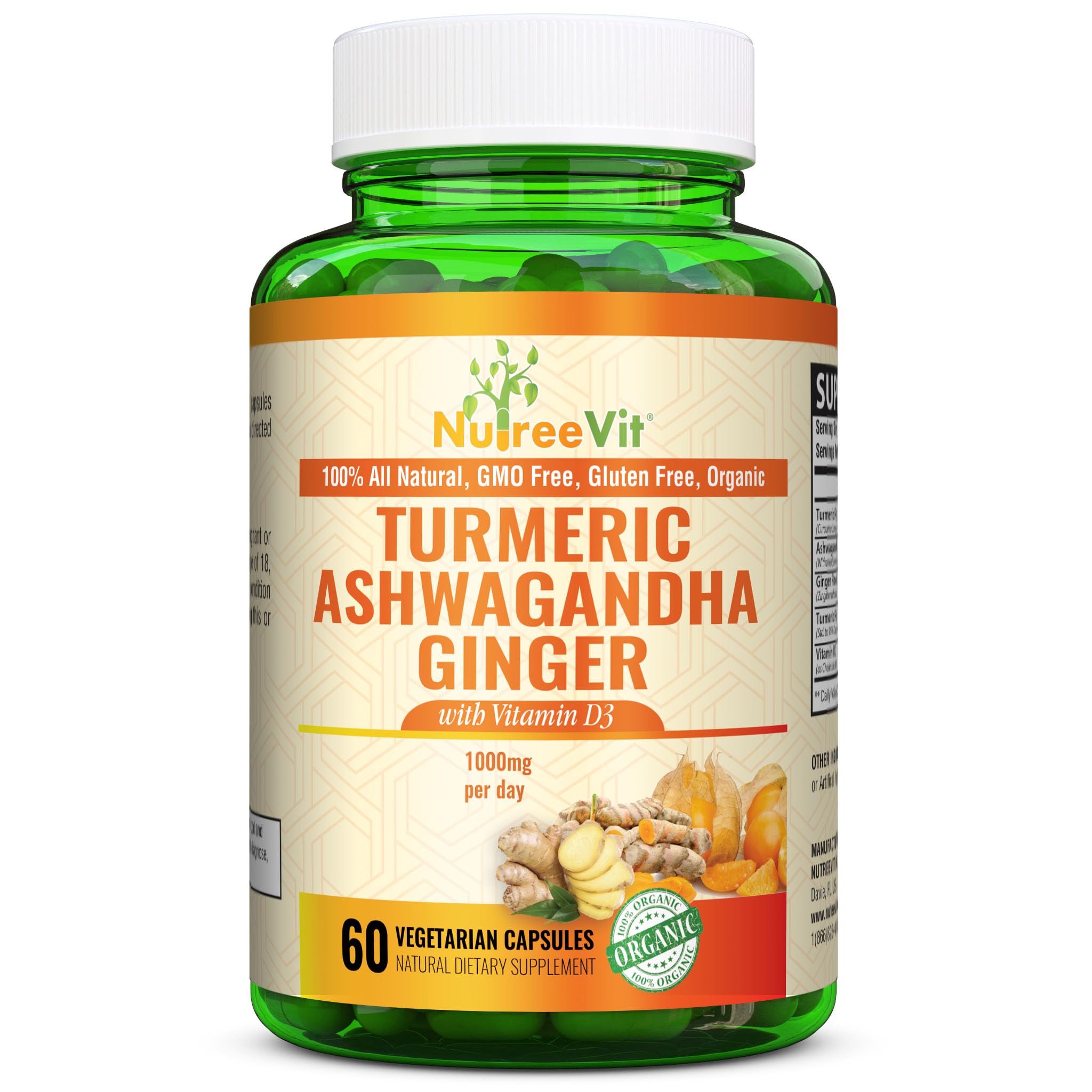 NutreeVit Organic Ashwagandha Turmeric Ginger Supplement front view