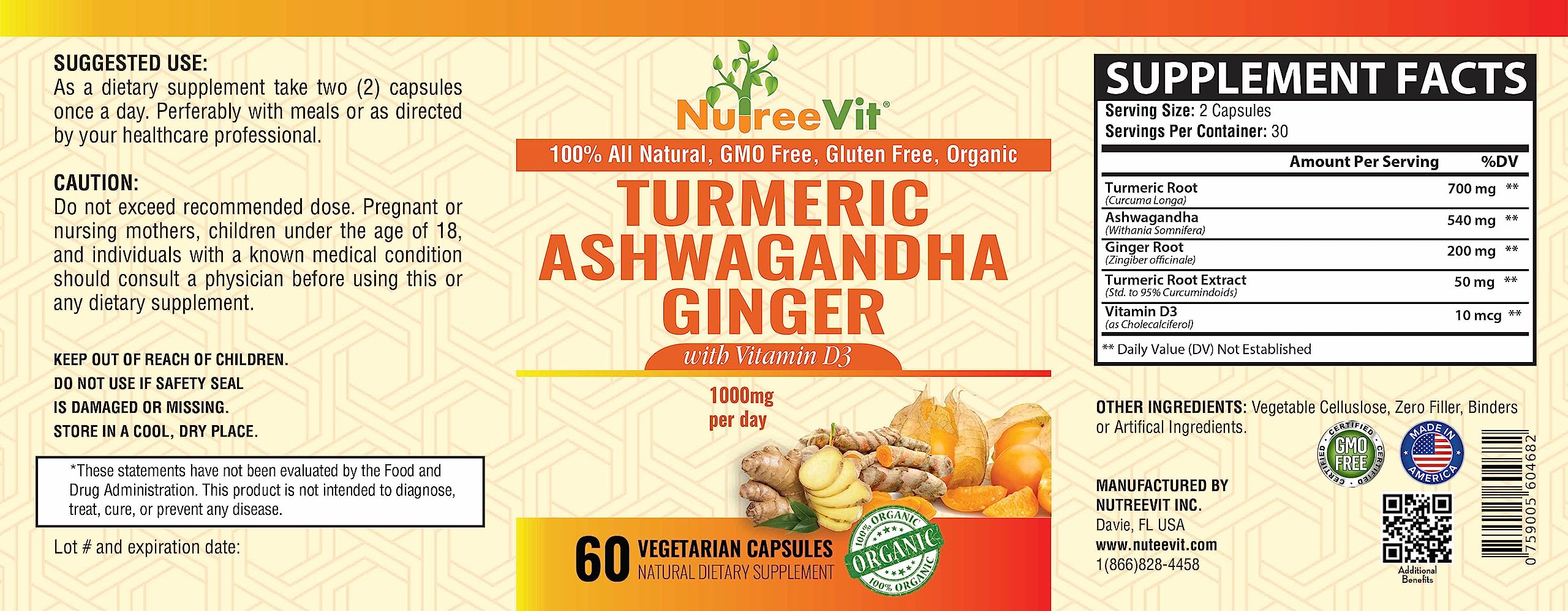 NutreeVit Organic Ashwagandha Turmeric Ginger Supplement with ingredients display
