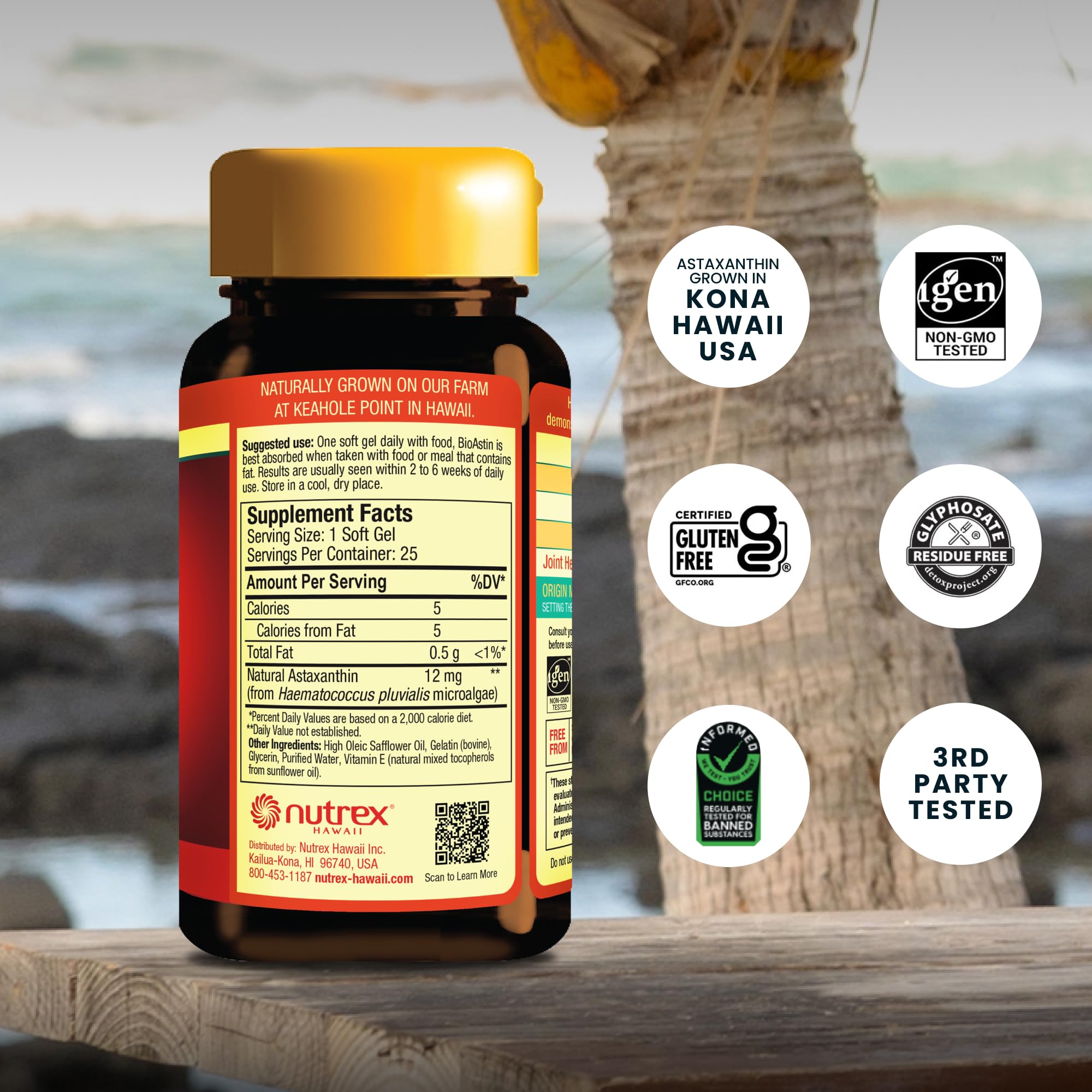 Nutrex Hawaii Astaxanthin supplement capsules in a clear bottle