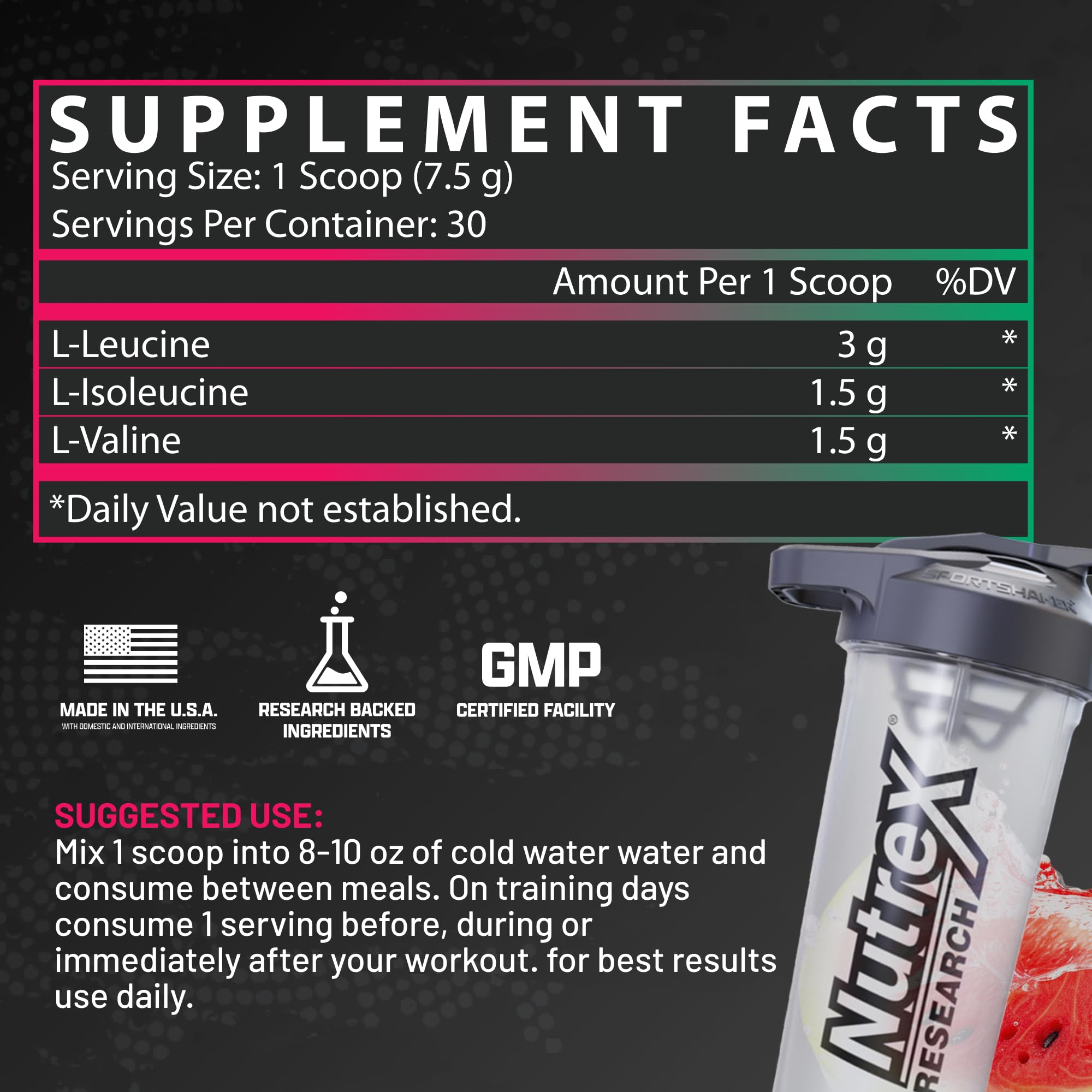 Nutrex Research BCAA open container showing powder